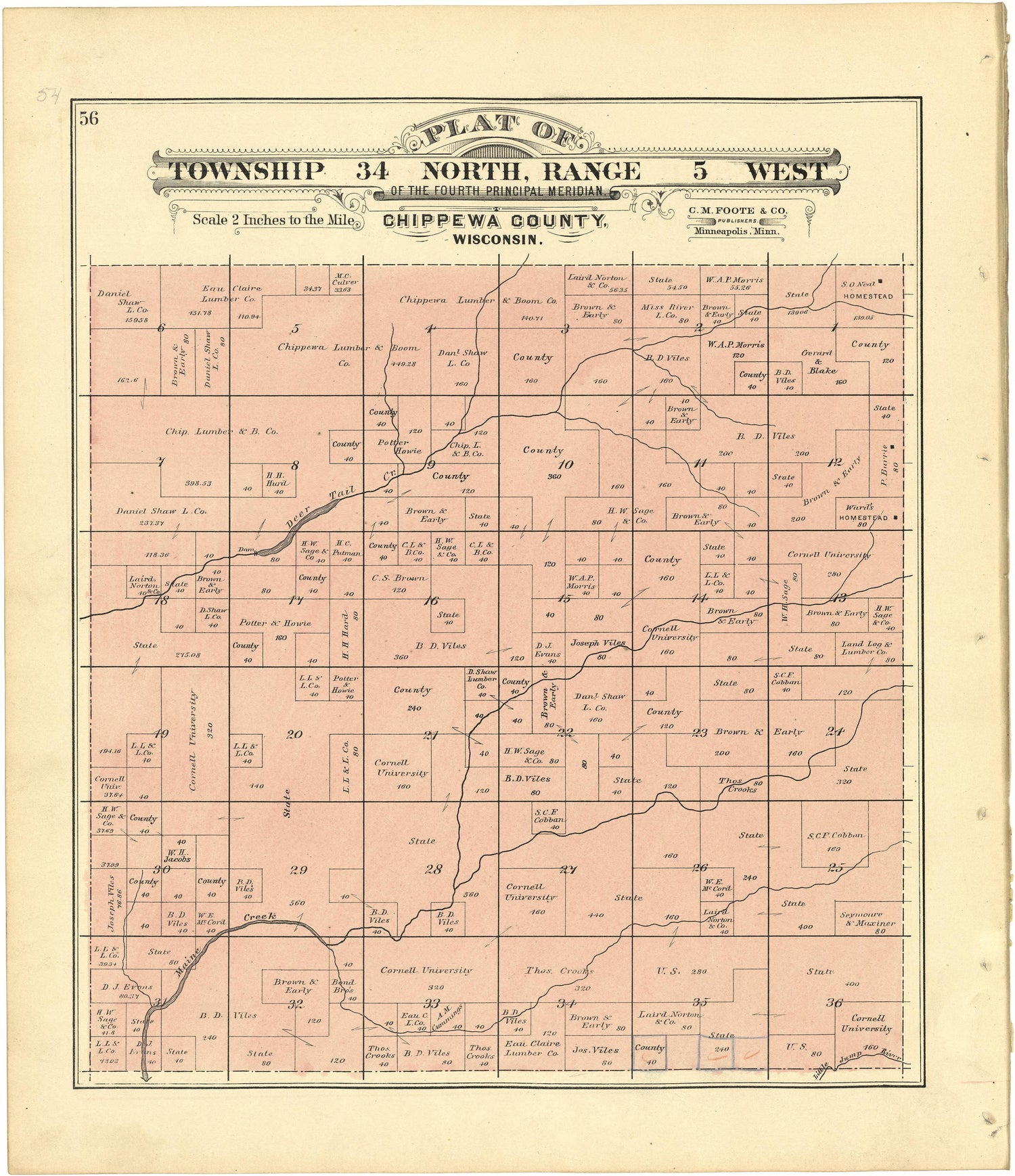 Plat of Township 34 North, Range 5 West from Plat Book of Chippewa County, Wisconsin 1888 by Relic Map Company