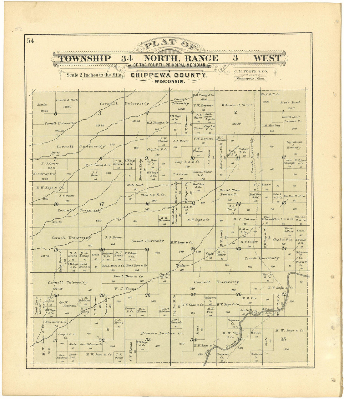 Plat of Township 34 North, Range 3 West from Plat Book of Chippewa County, Wisconsin 1888 by Relic Map Company
