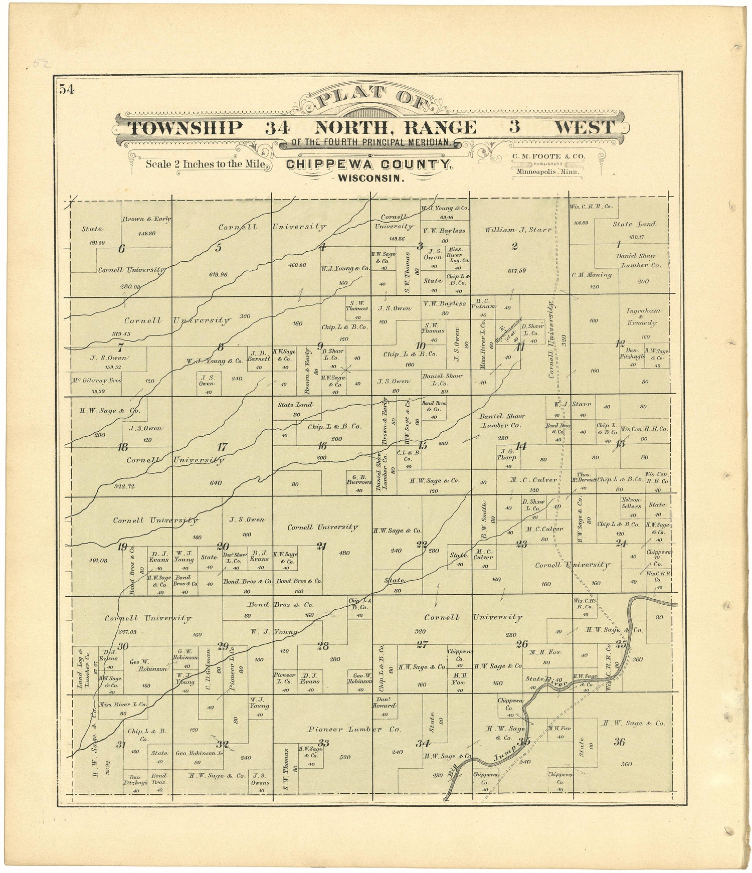 Plat of Township 34 North, Range 3 West from Plat Book of Chippewa County, Wisconsin 1888 by Relic Map Company