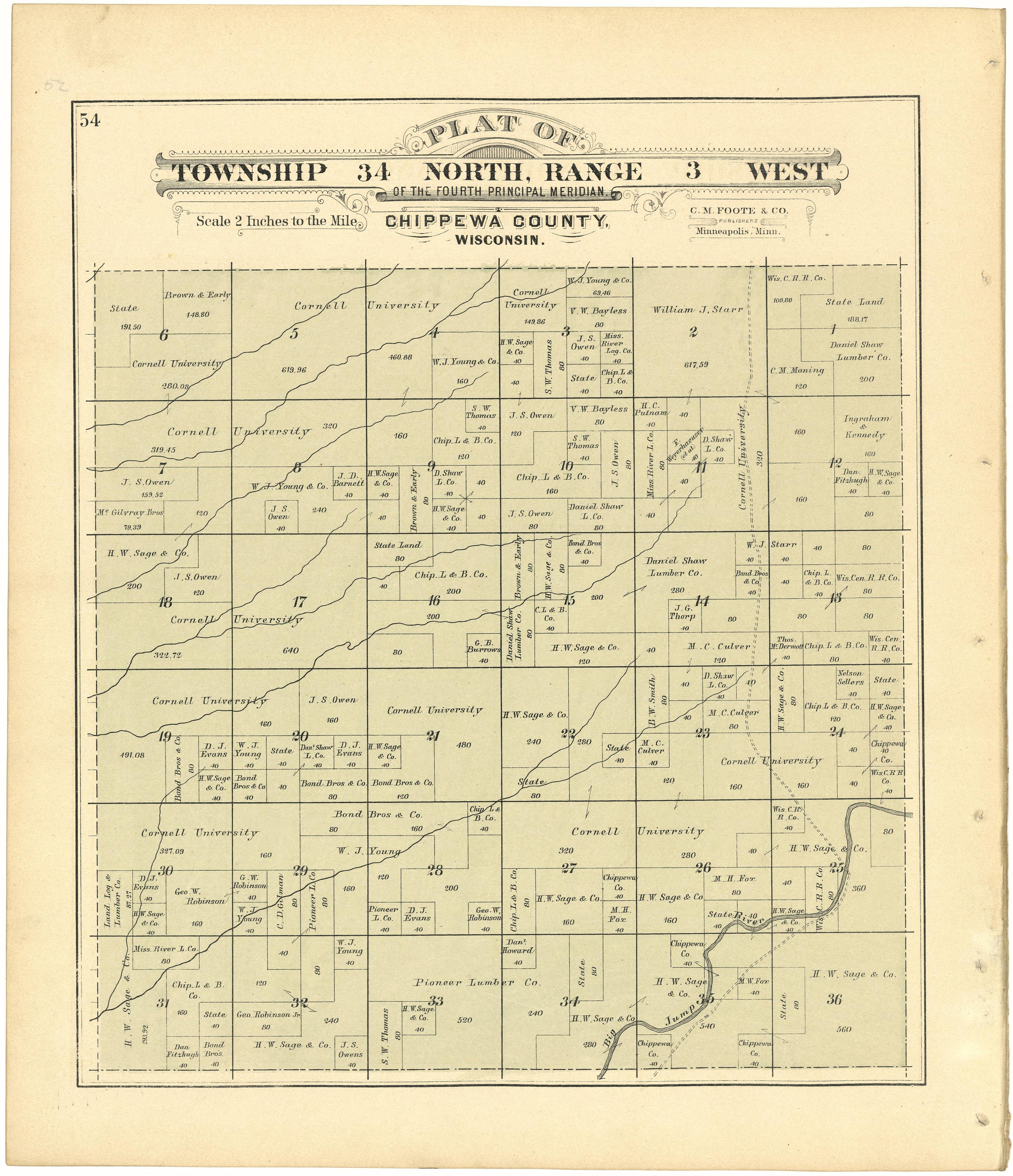 Plat of Township 34 North, Range 3 West from Plat Book of Chippewa County, Wisconsin 1888 by Relic Map Company