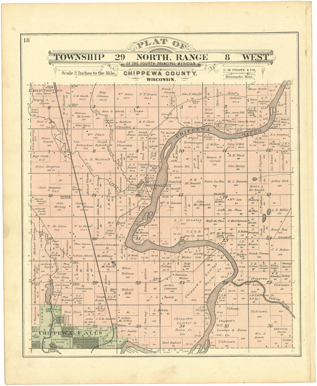 Plat of Township 29 North, Range 8 West from Plat Book of Chippewa County, Wisconsin 1888 by Relic Map Company