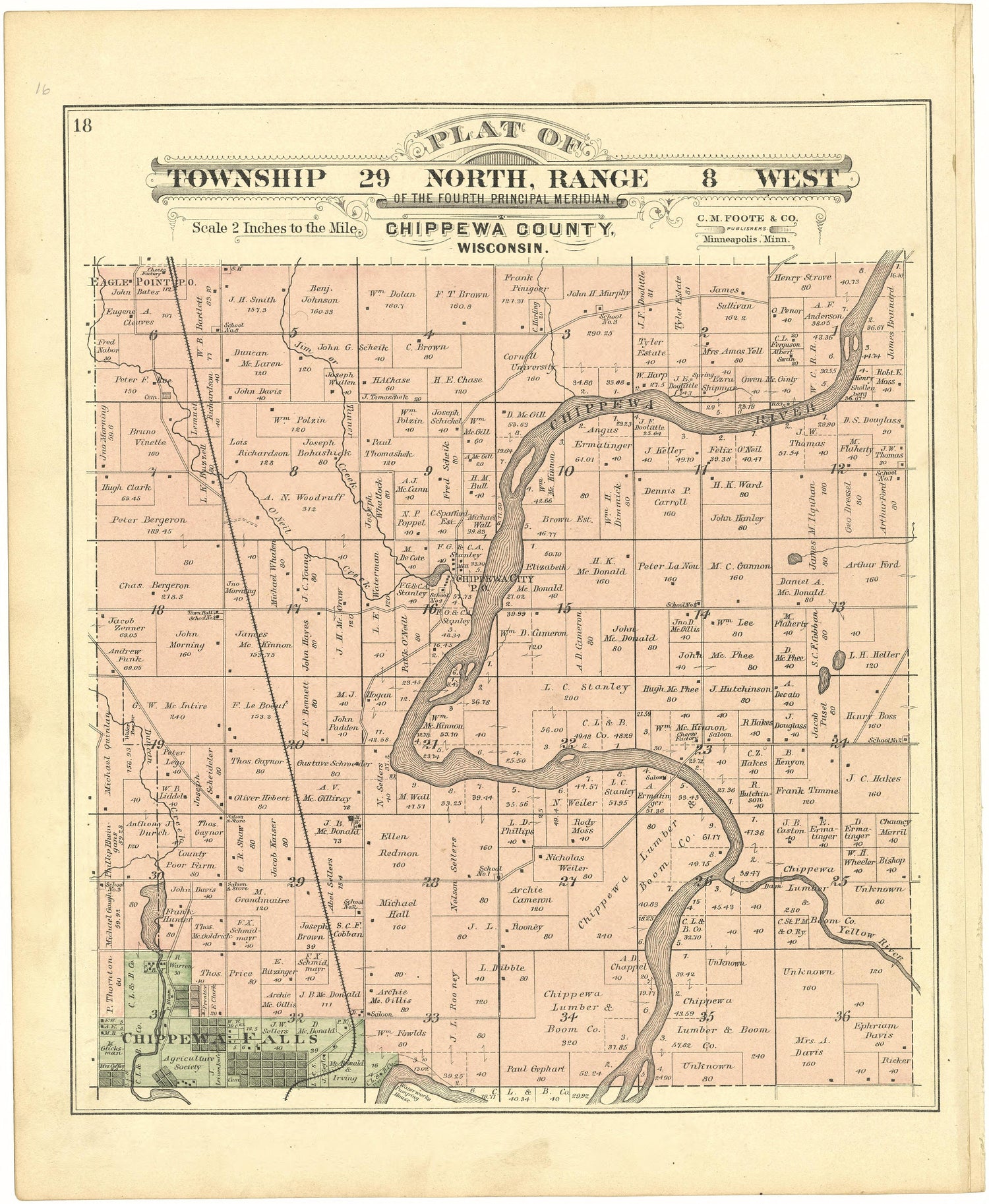 Plat of Township 29 North, Range 8 West from Plat Book of Chippewa County, Wisconsin 1888 by Relic Map Company