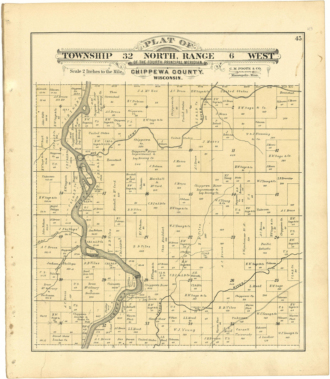 Plat of Township 32 North, Range 6 West from Plat Book of Chippewa County, Wisconsin 1888 by Relic Map Company