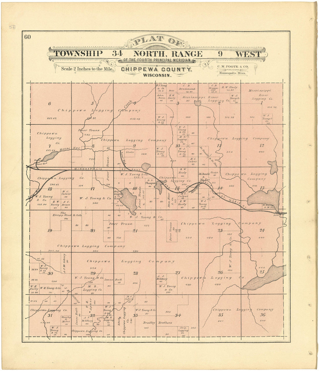 Plat of Township 34 North, Range 9 West from Plat Book of Chippewa County, Wisconsin 1888 by Relic Map Company