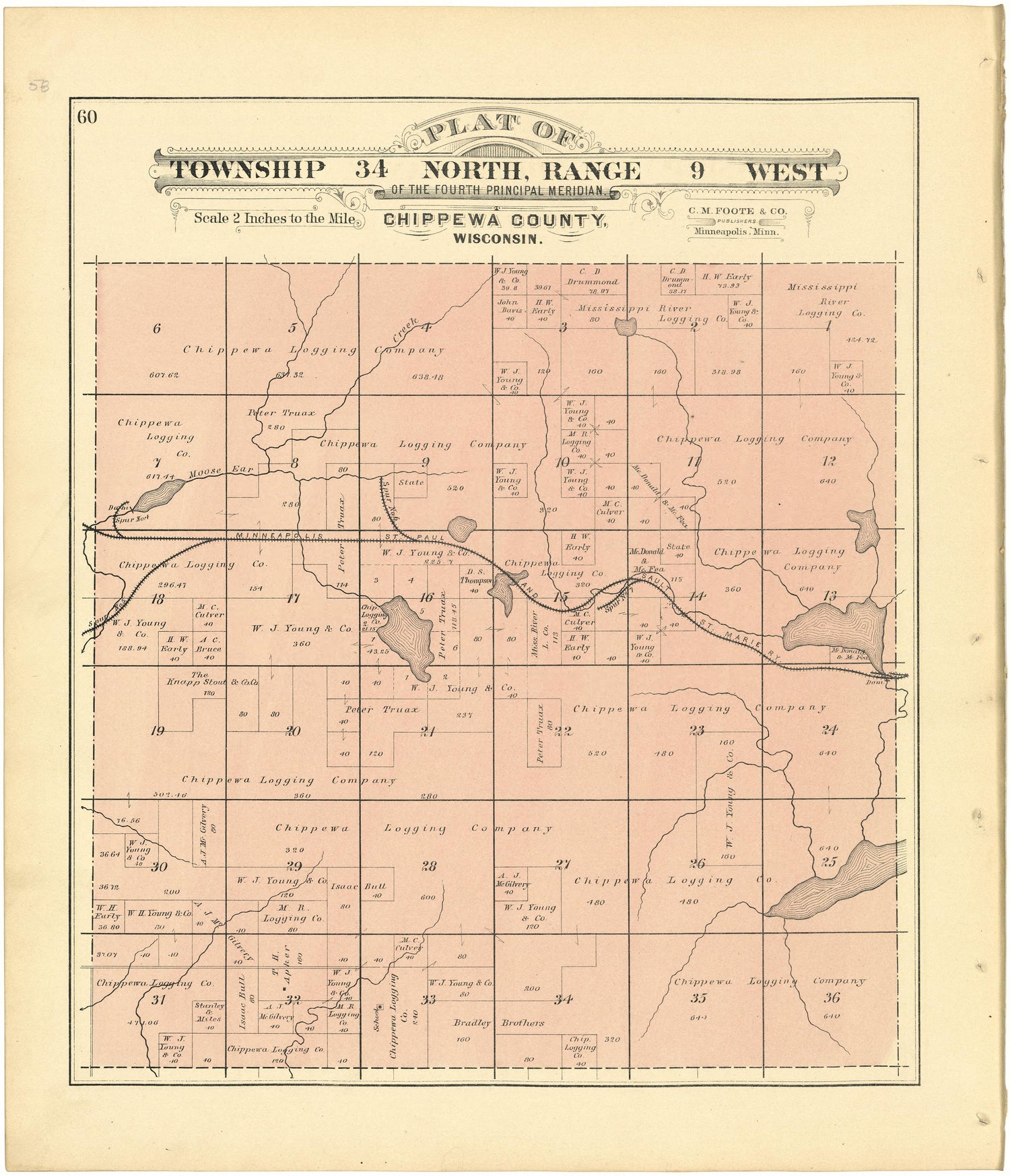 Plat of Township 34 North, Range 9 West from Plat Book of Chippewa County, Wisconsin 1888 by Relic Map Company