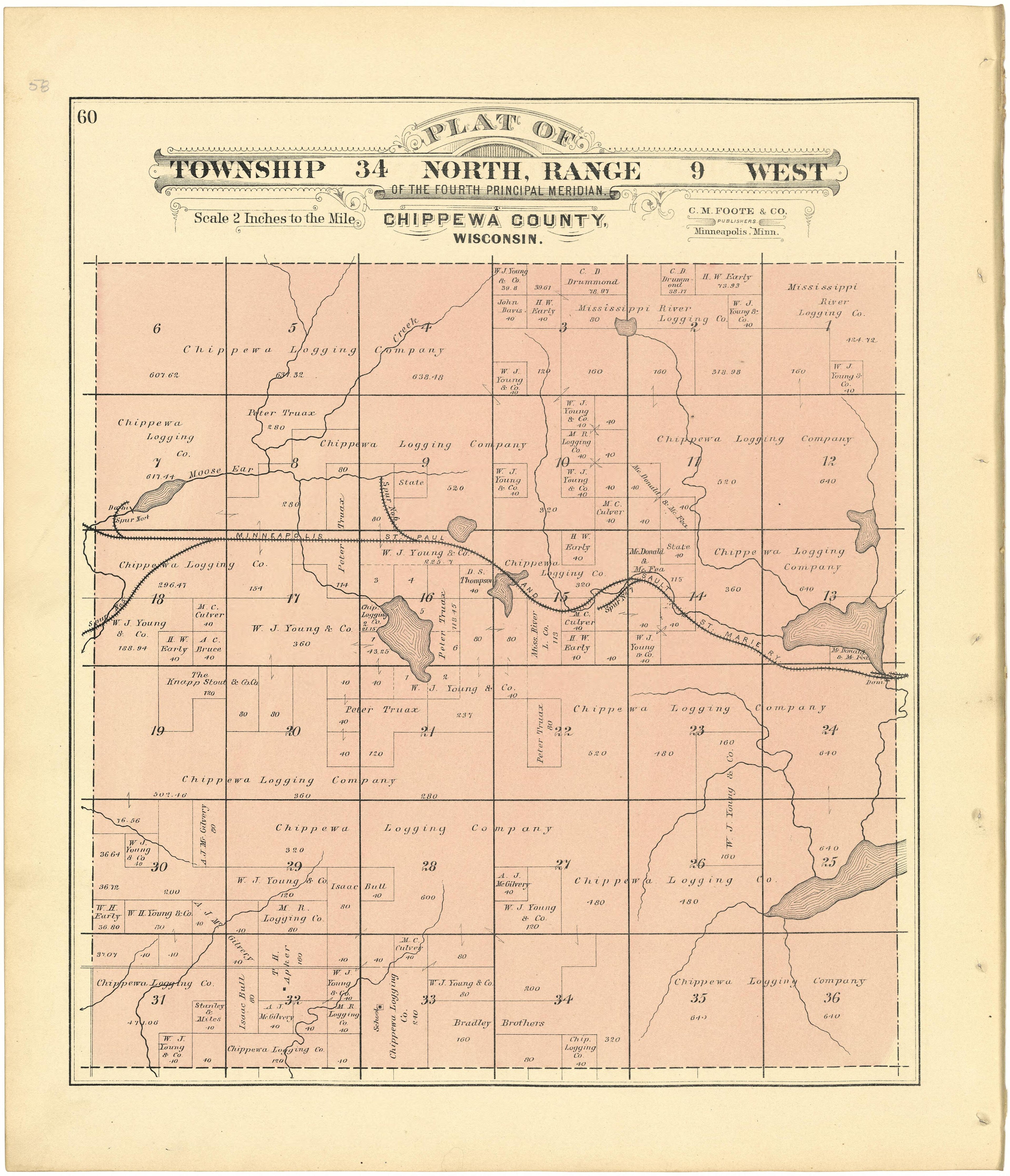 Plat of Township 34 North, Range 9 West from Plat Book of Chippewa County, Wisconsin 1888 by Relic Map Company