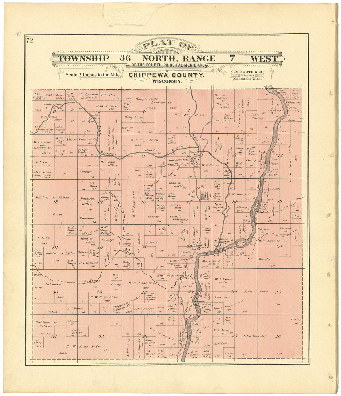 Plat of Township 36 North, Range 7 West from Plat Book of Chippewa County, Wisconsin 1888 by Relic Map Company