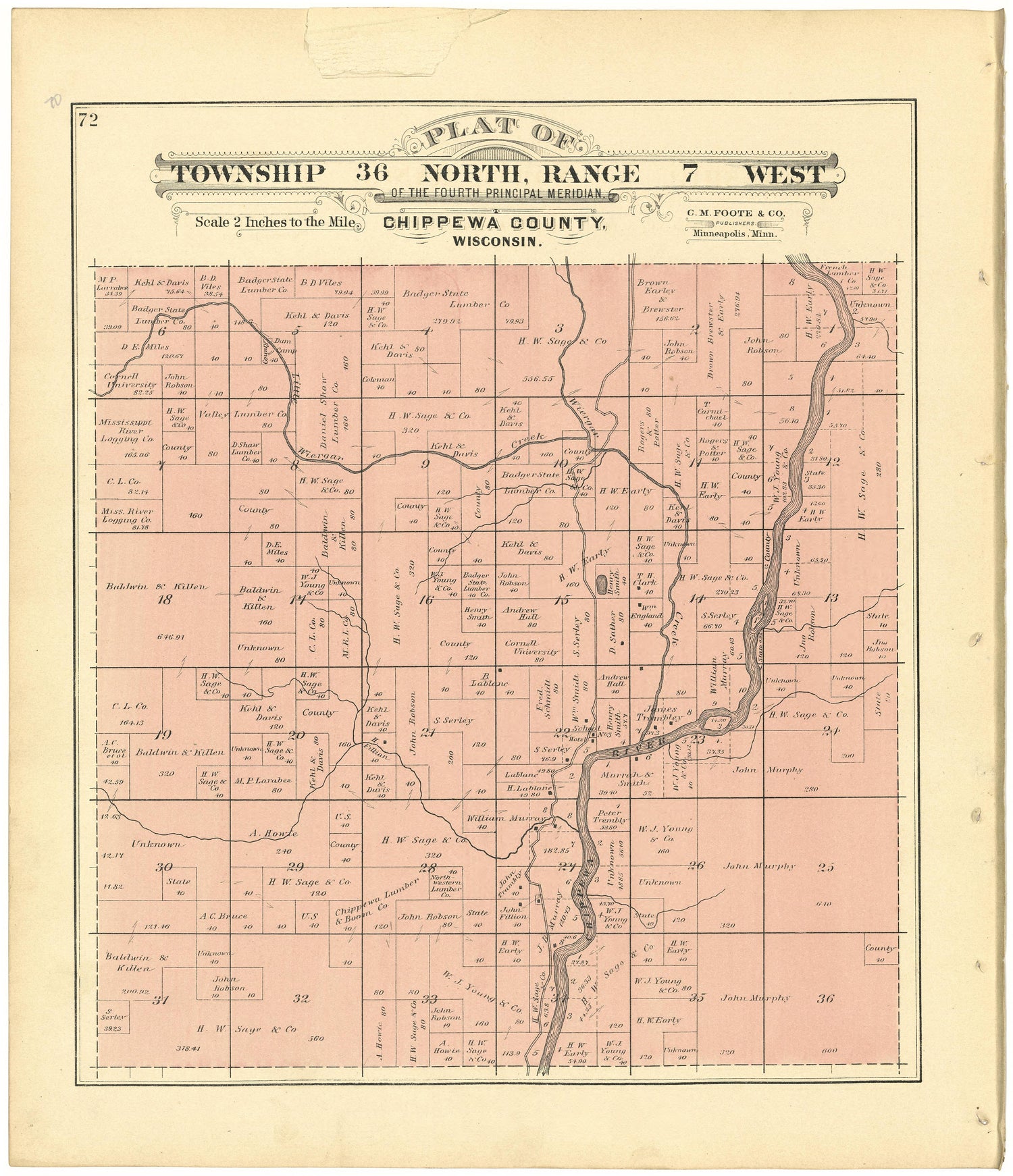 Plat of Township 36 North, Range 7 West from Plat Book of Chippewa County, Wisconsin 1888 by Relic Map Company