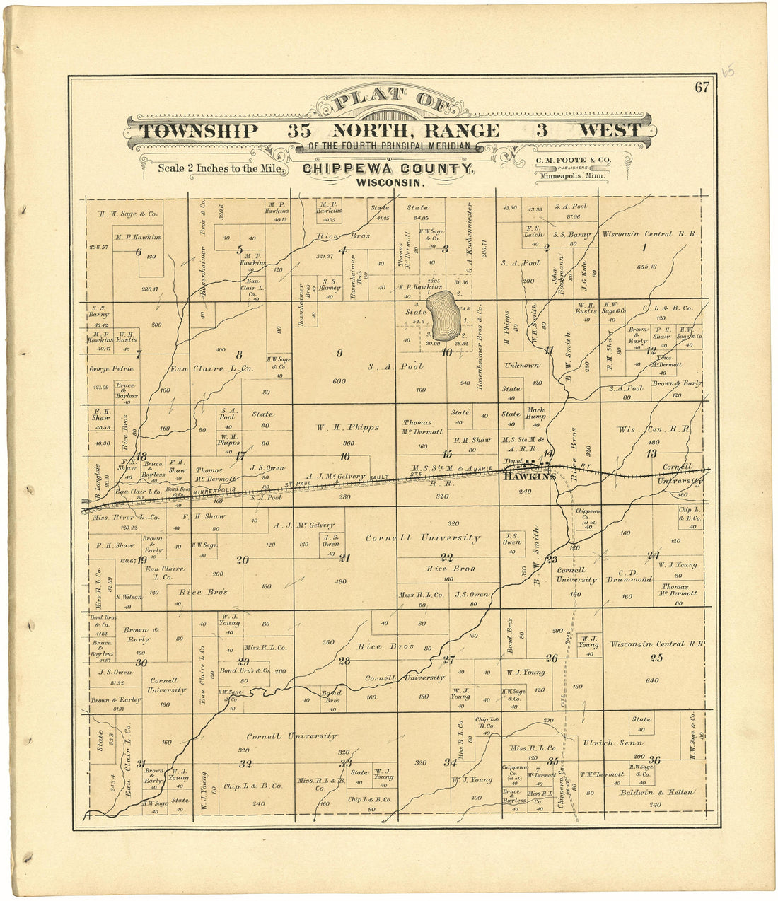 Plat of Township 35 North, Range 3 West from Plat Book of Chippewa County, Wisconsin 1888 by Relic Map Company