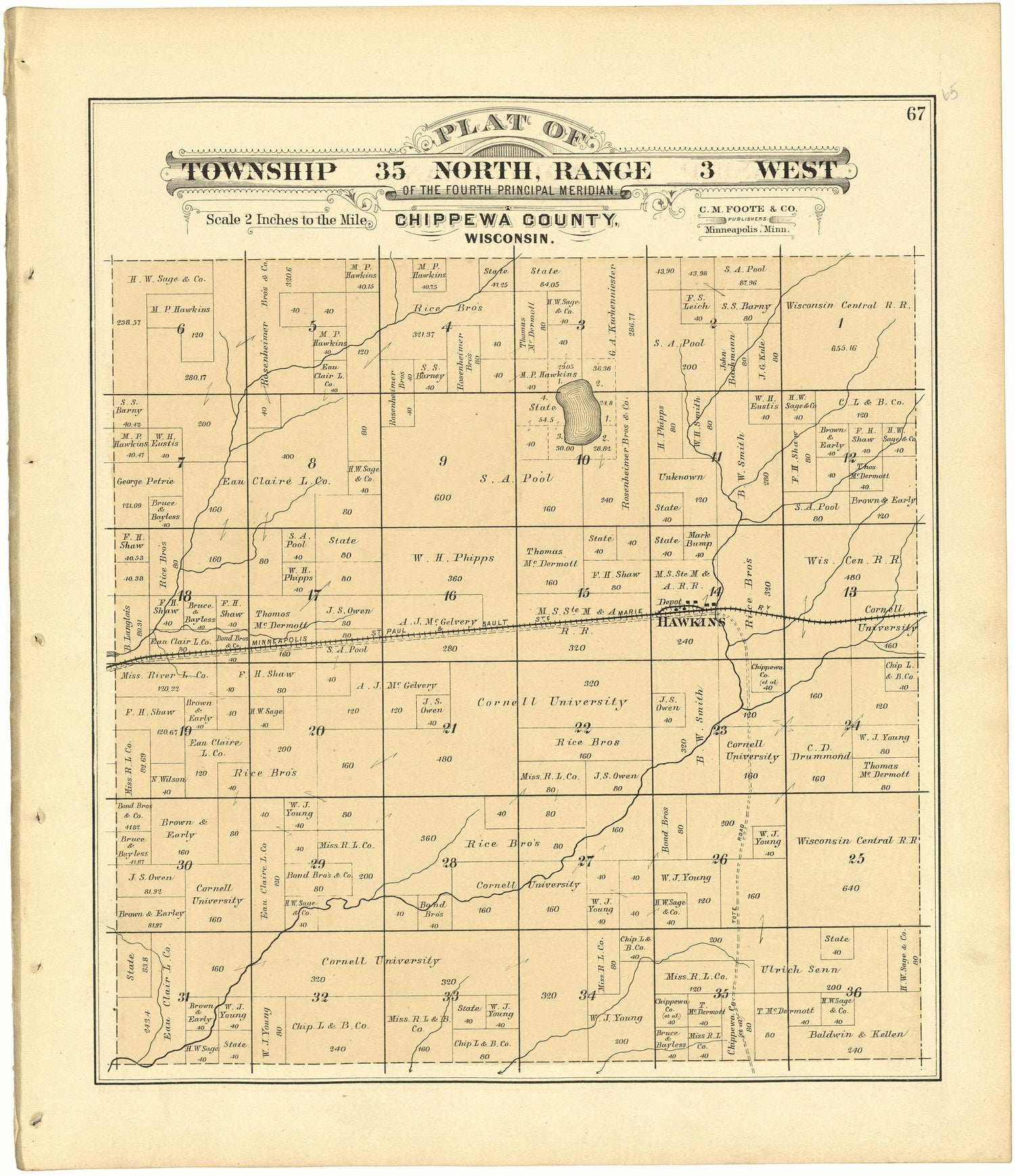 Plat of Township 35 North, Range 3 West from Plat Book of Chippewa County, Wisconsin 1888 by Relic Map Company