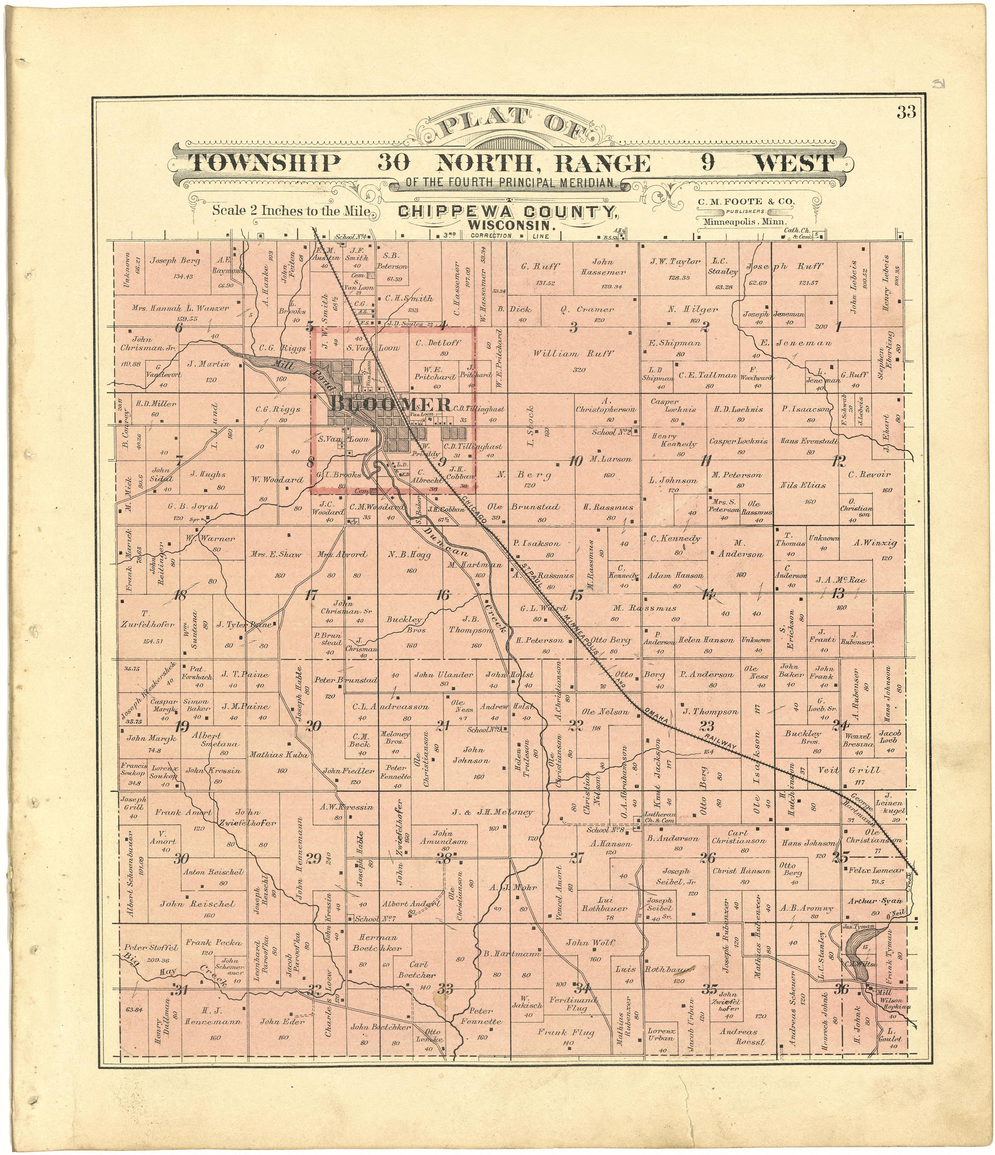 Plat of Township 30 North, Range 9 West from Plat Book of Chippewa County, Wisconsin 1888 by Relic Map Company