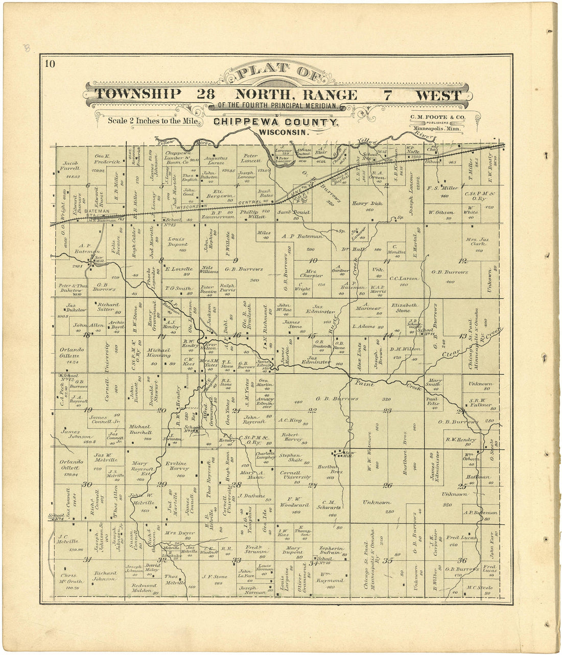 Plat of Township 28 North, Range 7 West from Plat Book of Chippewa County, Wisconsin 1888 by Relic Map Company
