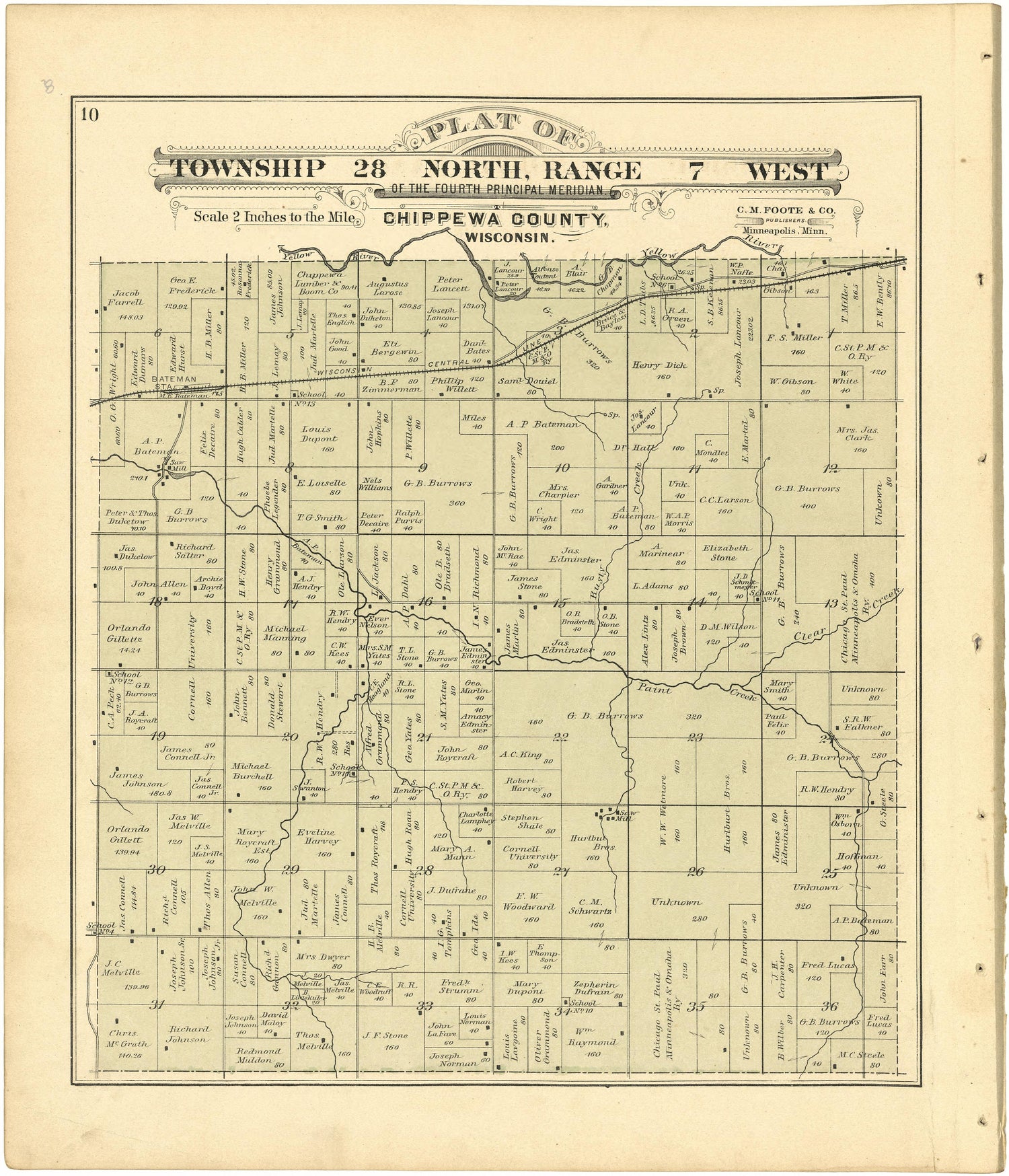 Plat of Township 28 North, Range 7 West from Plat Book of Chippewa County, Wisconsin 1888 by Relic Map Company