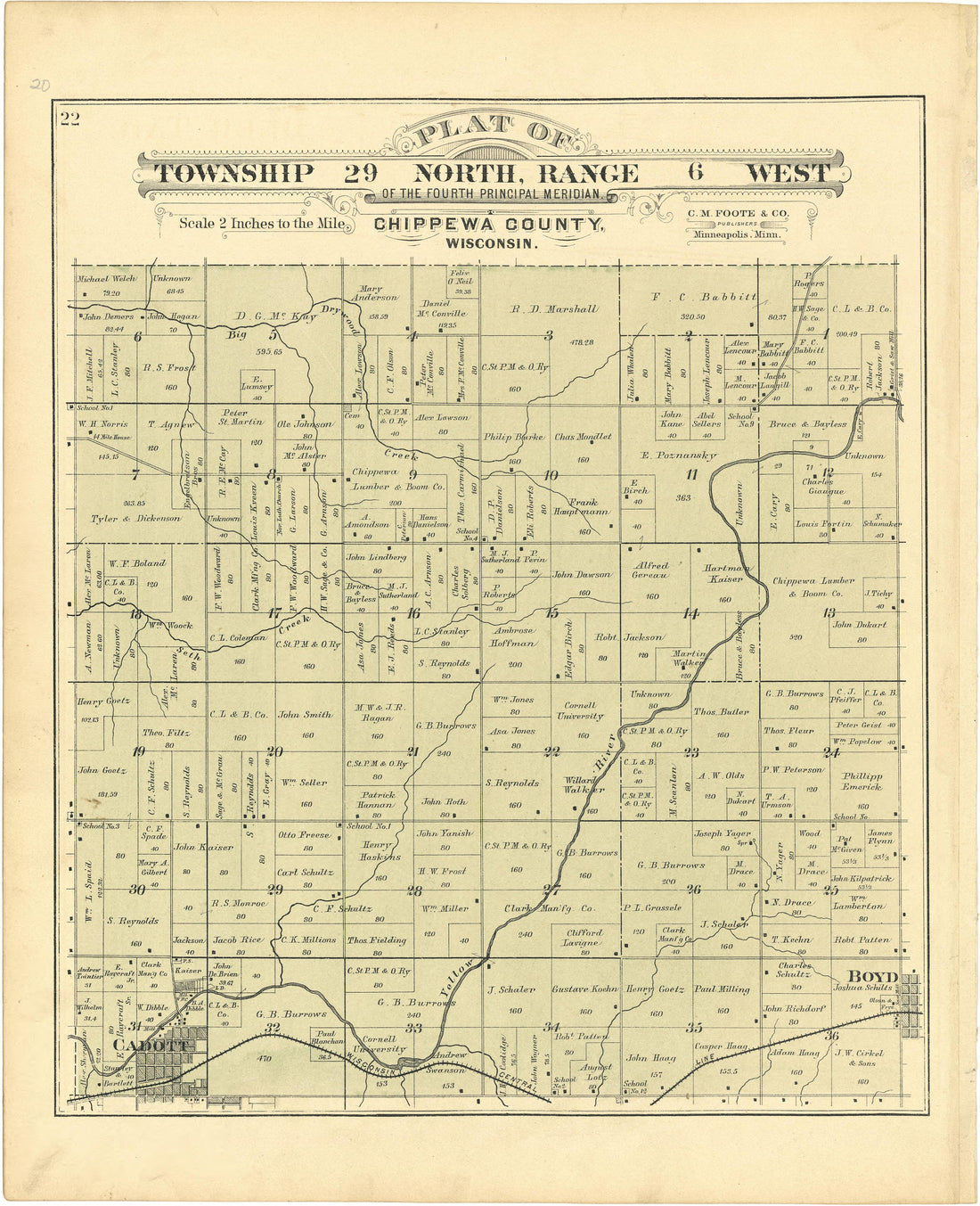 Plat of Township 29 North, Range 6 West from Plat Book of Chippewa County, Wisconsin 1888 by Relic Map Company