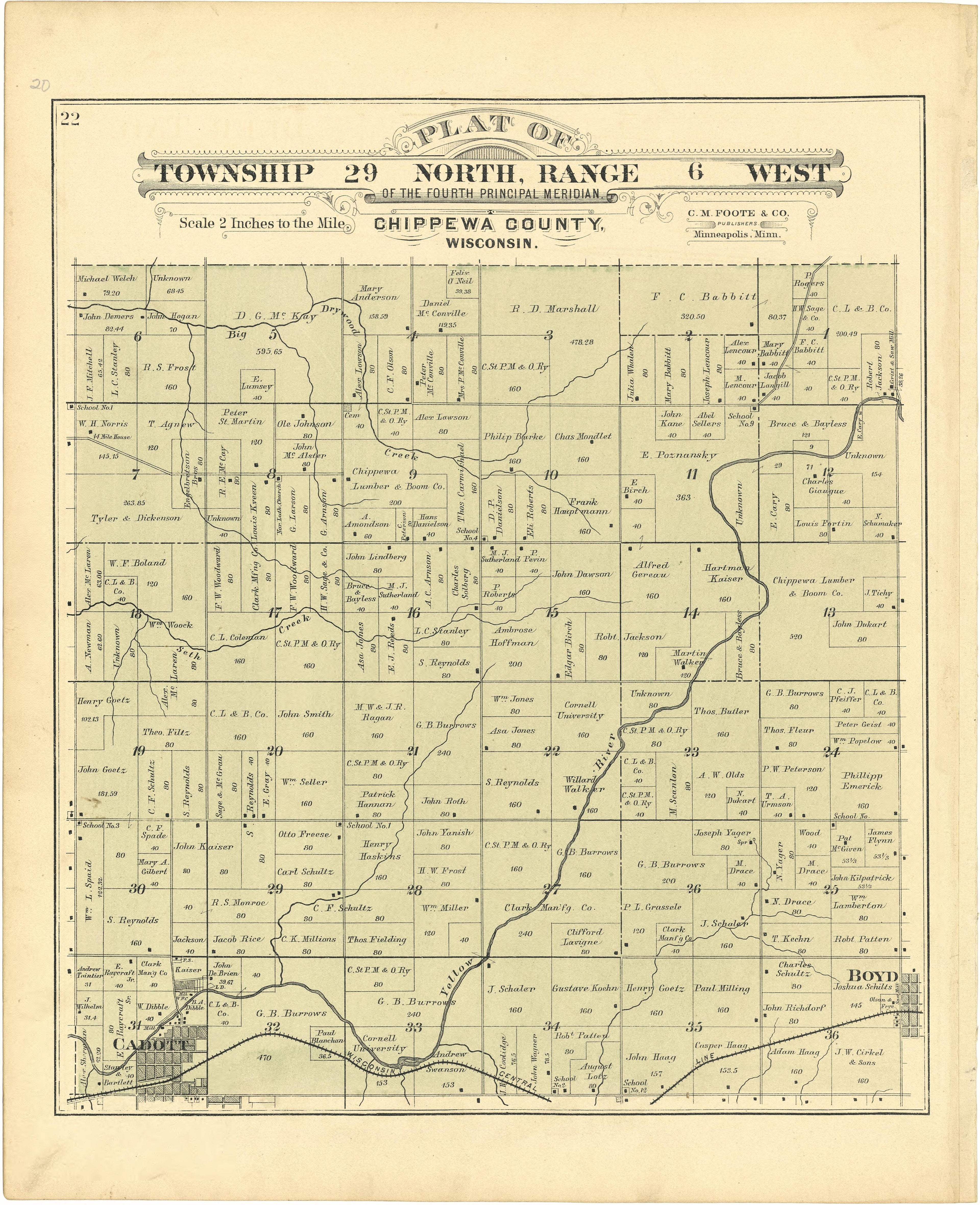 Plat of Township 29 North, Range 6 West from Plat Book of Chippewa County, Wisconsin 1888 by Relic Map Company