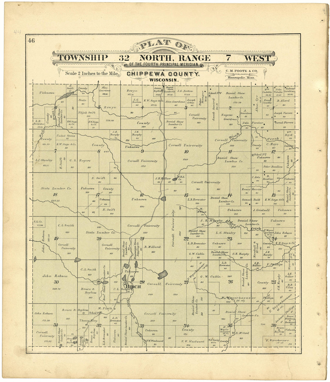 Plat of Township 32 North, Range 7 West from Plat Book of Chippewa County, Wisconsin 1888 by Relic Map Company