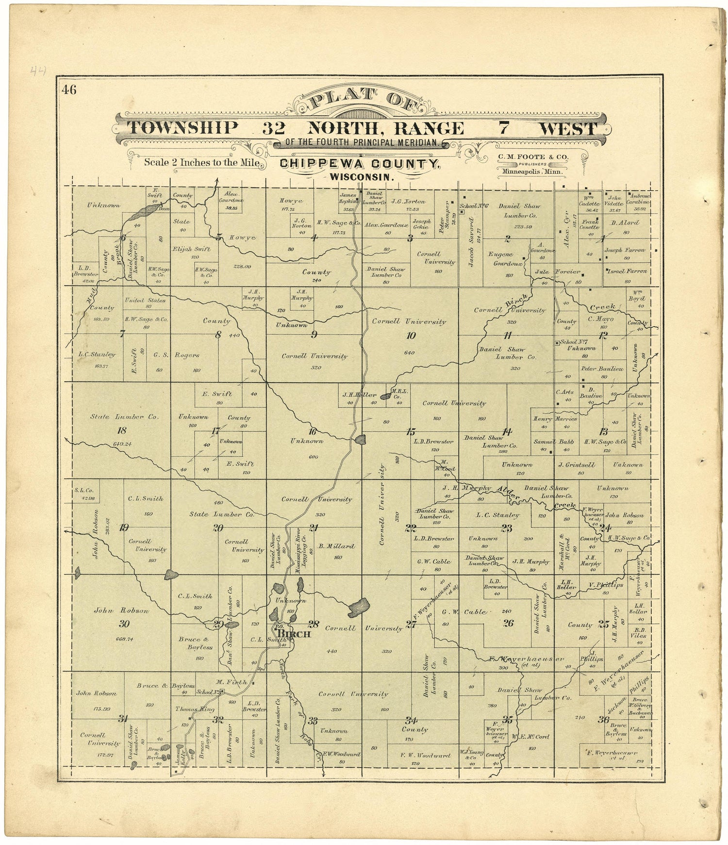 Plat of Township 32 North, Range 7 West from Plat Book of Chippewa County, Wisconsin 1888 by Relic Map Company