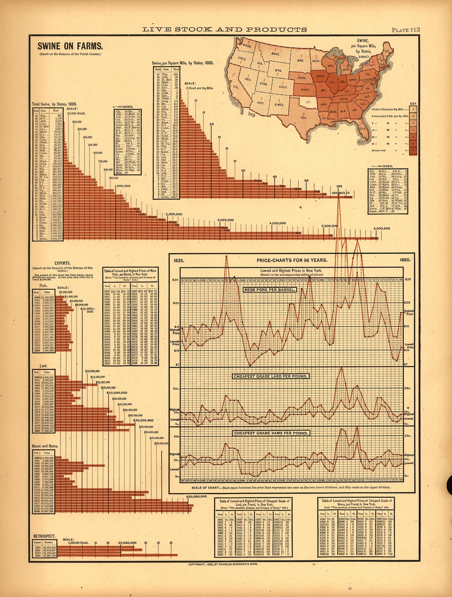 Plate 112: Live Stock and Products (Swine On Farms) from Scribner&