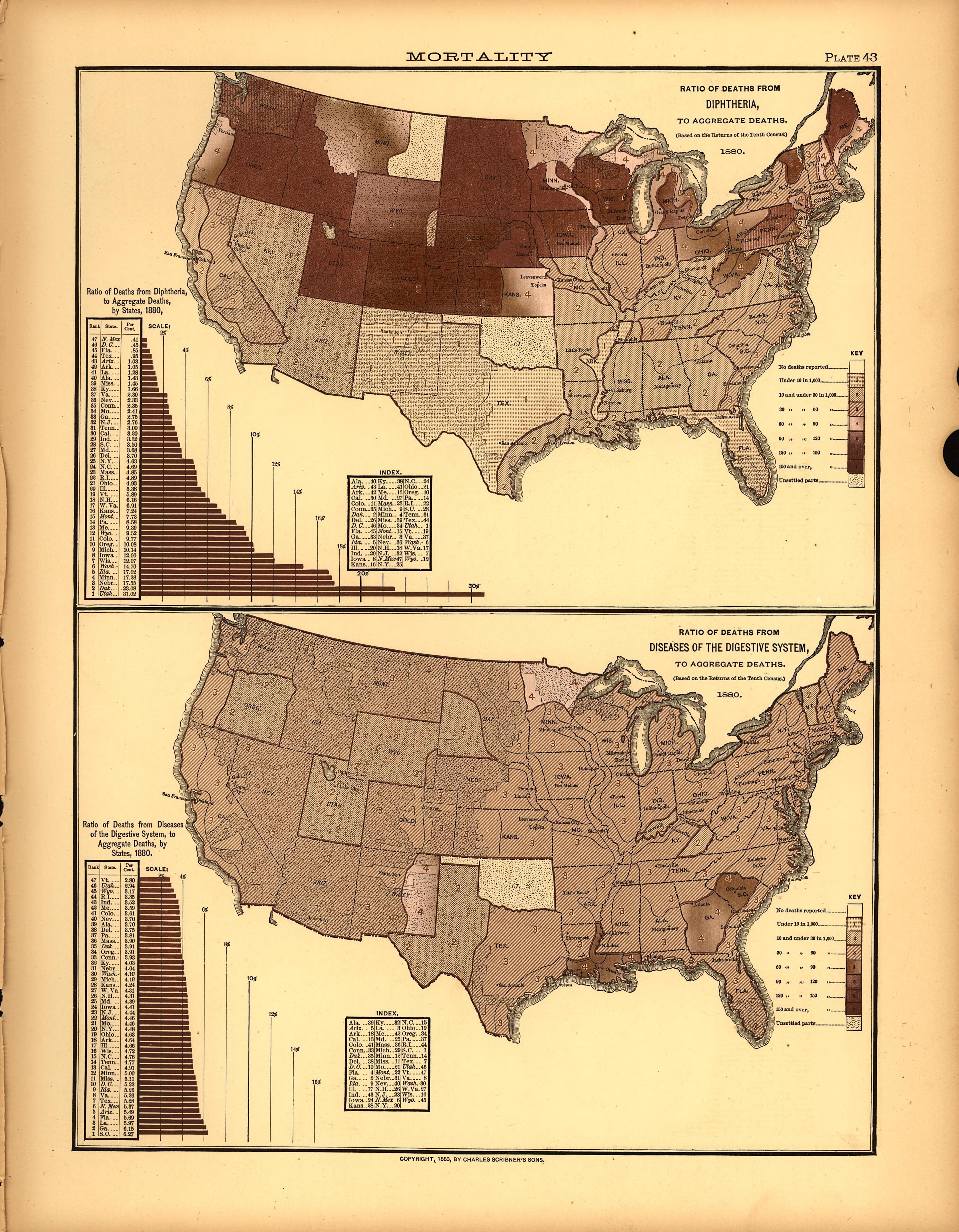 Plate 43: Mortality (Deaths from Diphtheria, Digestive System Diseases) from Scribner&