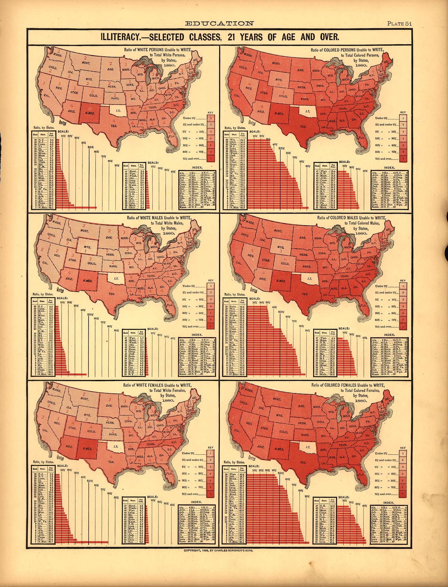 Plate 50: Education (Illiteracy -- 21 Years of Age and Over) from Scribner&