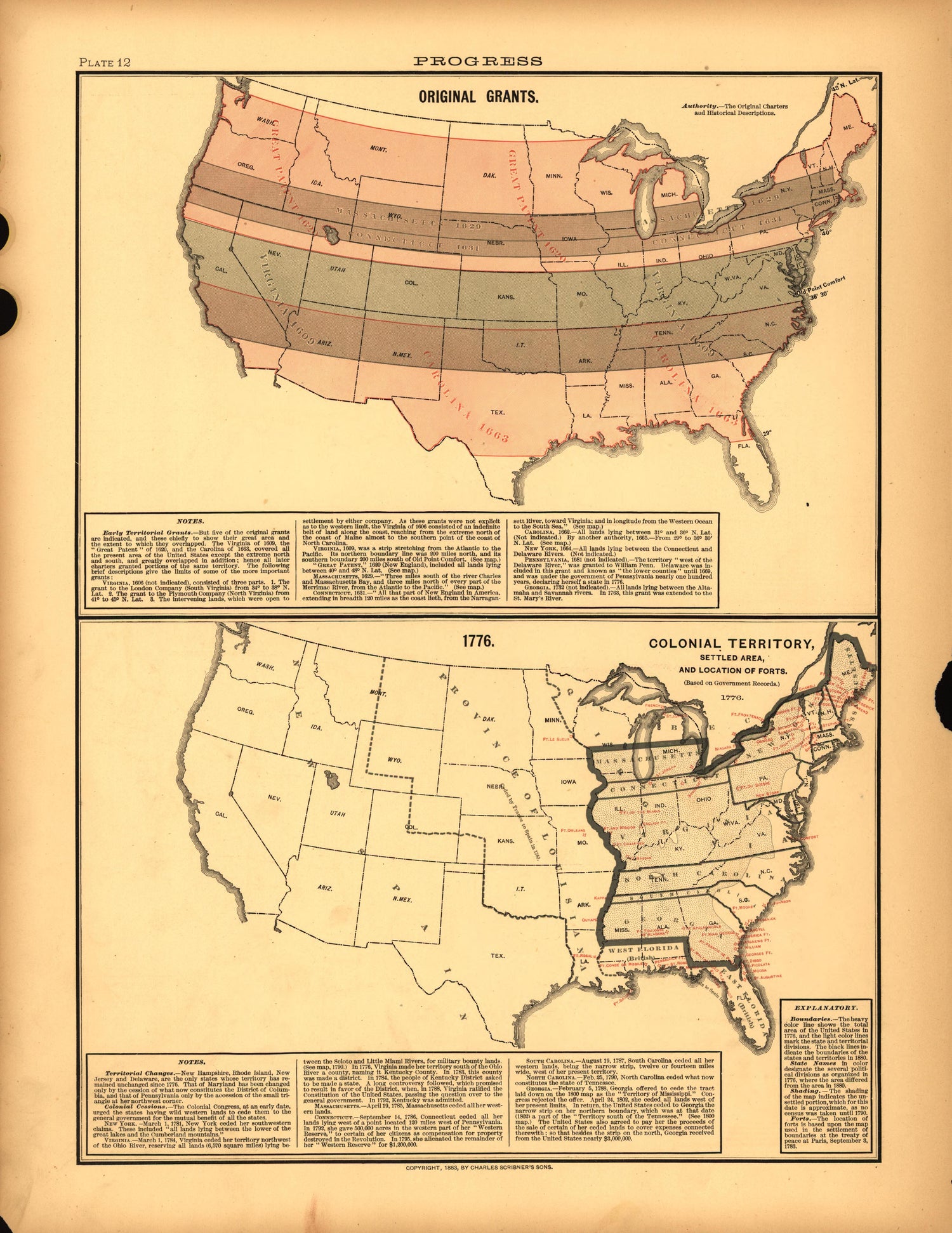 Plate 12: Progress (Original Grants, Colonial Territory) from Scribner&