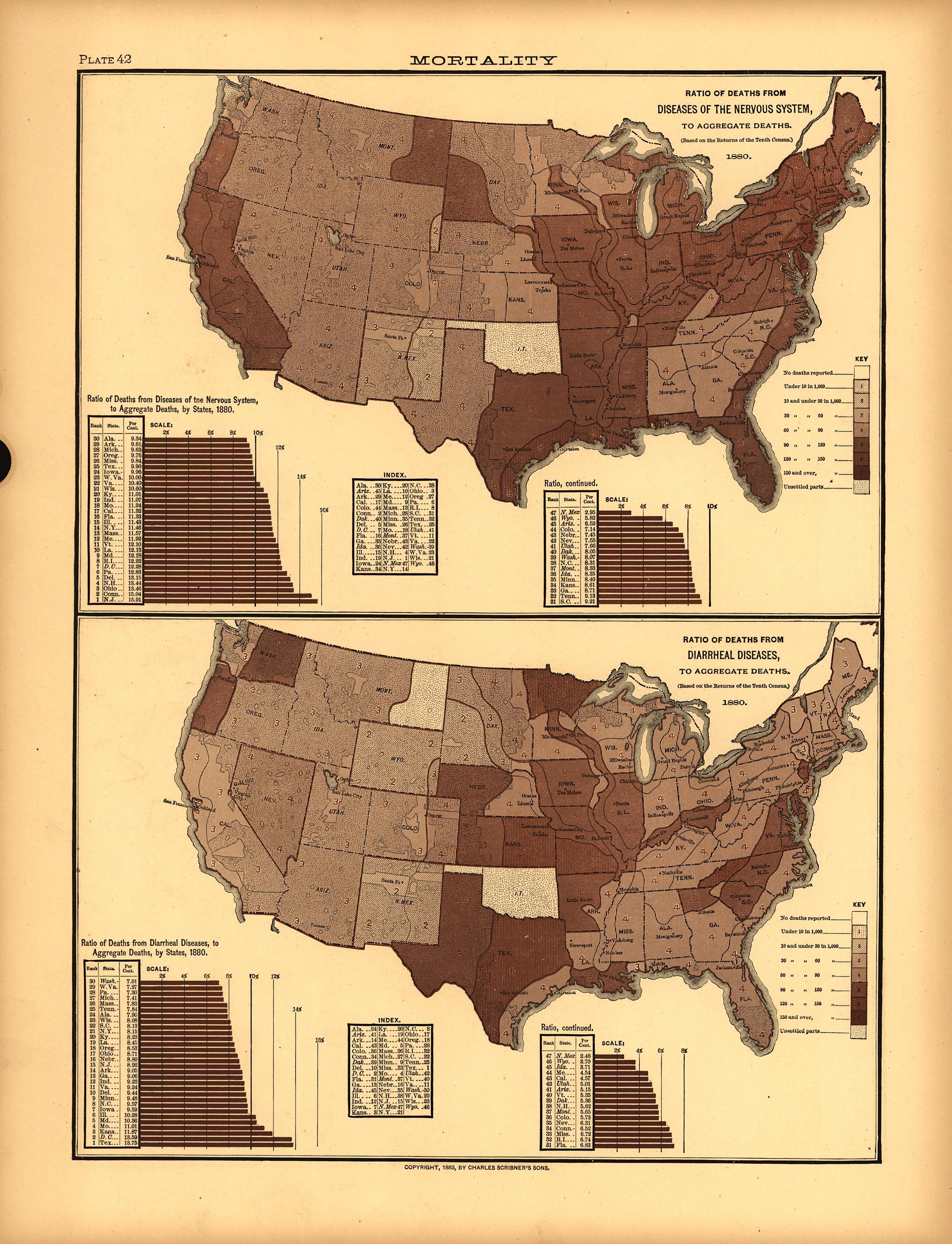 Plate 42: Mortality (Deaths from Nervous System Diseases, Diarrheal Diseases) from Scribner&