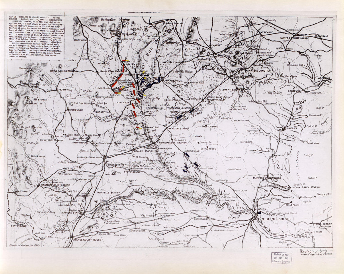 Map 12: Morning, Mon., August 25, 1862; On the Rappahannock from Second Manassas Campaign, August 17 - September 1, 1862 by Relic Map Company