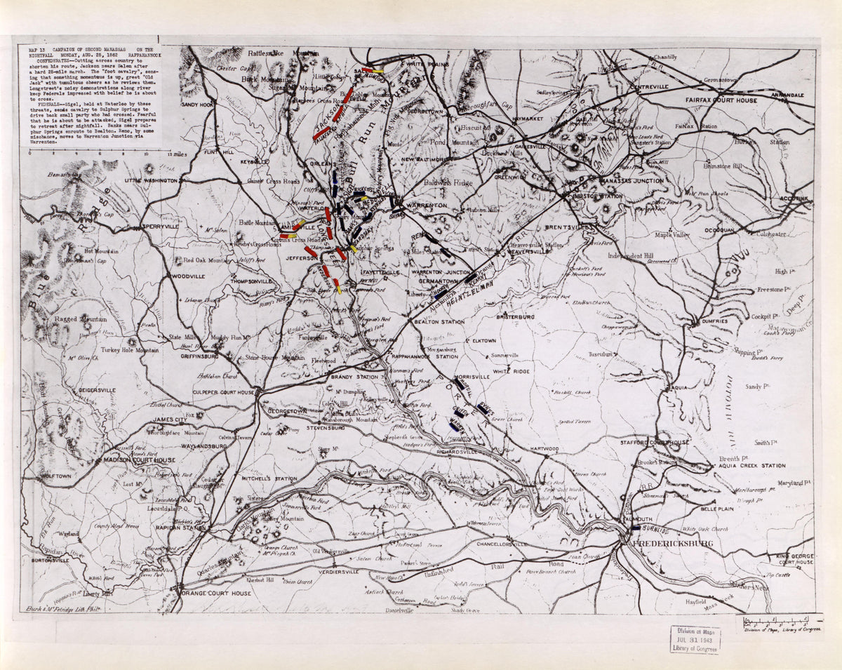 Map 13: Nightfall, Mon., August 25, 1862; On the Rappahannock from Second Manassas Campaign, August 17 - September 1, 1862 by Relic Map Company