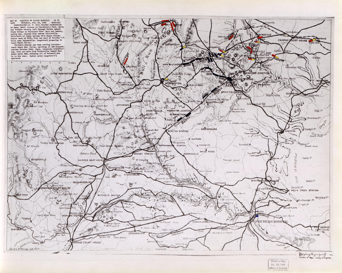 Map 20: Dawn, Thurs., August 28, 1862; On to Manassas from Second Manassas Campaign, August 17 - September 1, 1862 by Relic Map Company