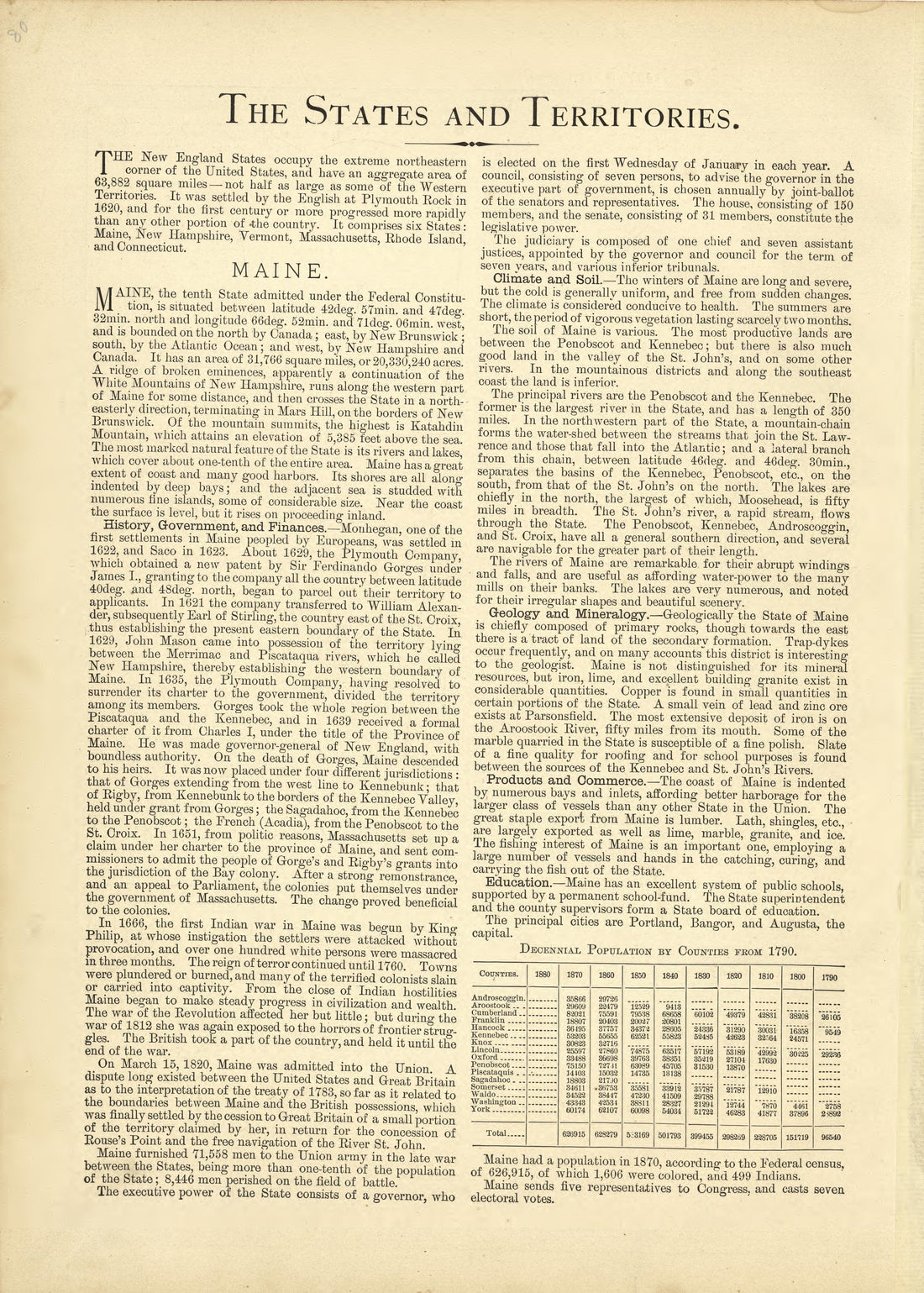 The States and Territories, Maine from Historical Hand-atlas, Illustrated, Containing Large Scale Copper Plate Maps of Each State and Territory of the United States, and the Provinces of Canada, Together With a Complete Reference Map of the World, …... by Relic Map Company