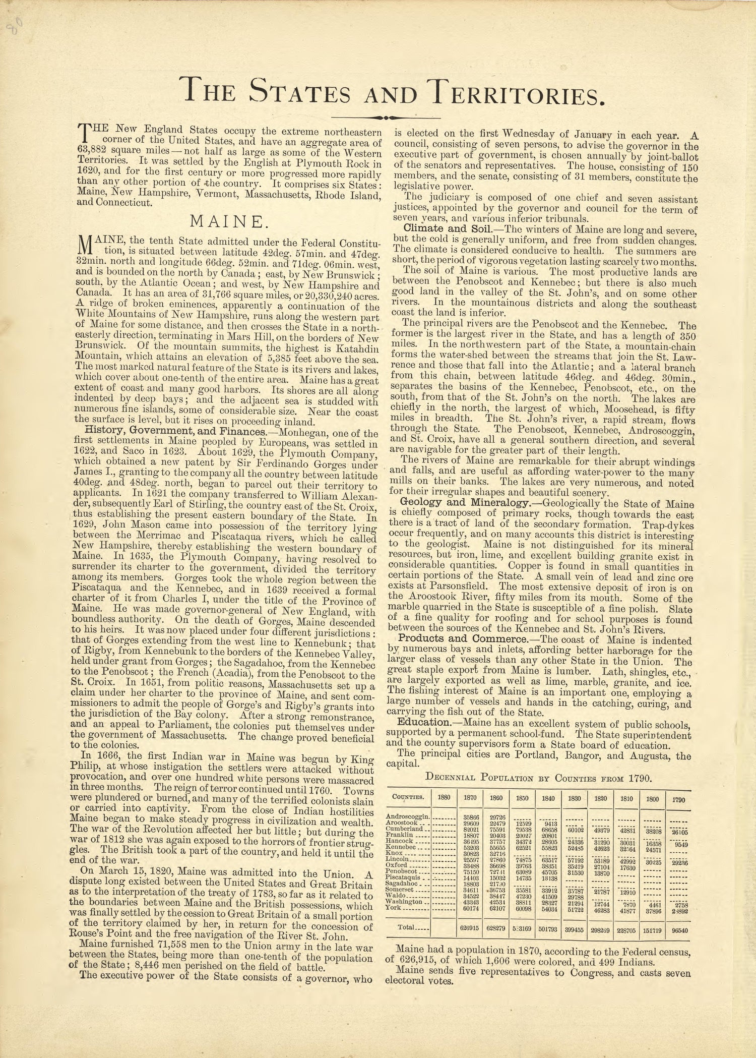 The States and Territories, Maine from Historical Hand-atlas, Illustrated, Containing Large Scale Copper Plate Maps of Each State and Territory of the United States, and the Provinces of Canada, Together With a Complete Reference Map of the World, …... by Relic Map Company