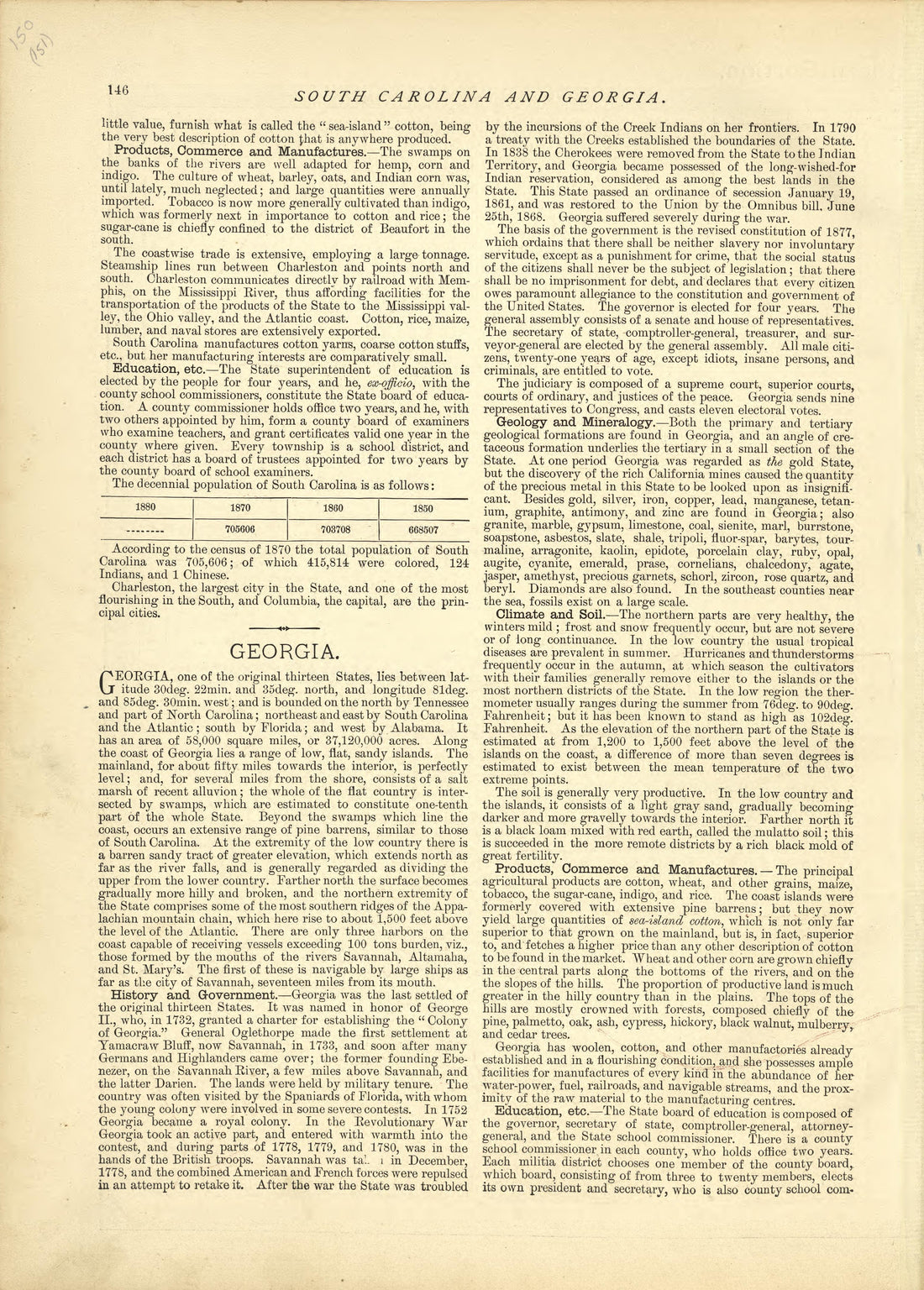 South Carolina - Continued, Georgia from Historical Hand-atlas, Illustrated, Containing Large Scale Copper Plate Maps of Each State and Territory of the United States, and the Provinces of Canada, Together With a Complete Reference Map of the World, �... by Relic Map Company
