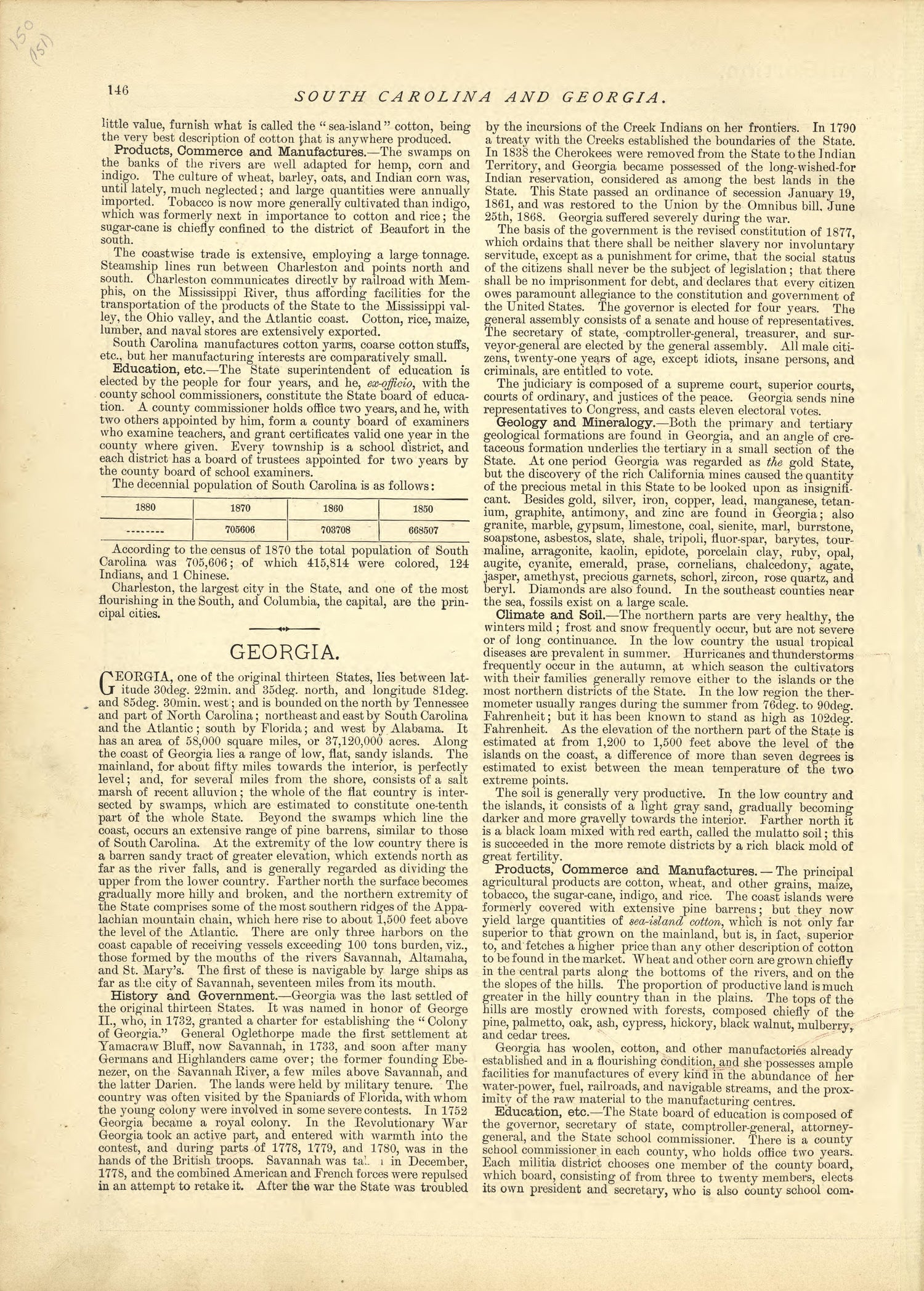 South Carolina - Continued, Georgia from Historical Hand-atlas, Illustrated, Containing Large Scale Copper Plate Maps of Each State and Territory of the United States, and the Provinces of Canada, Together With a Complete Reference Map of the World, �... by Relic Map Company