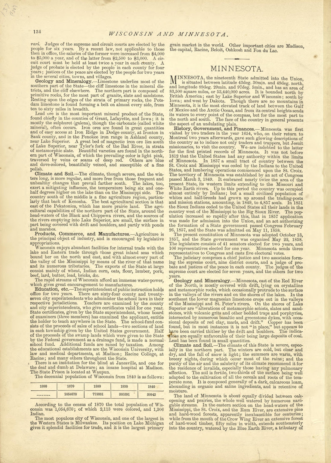 Wisconsin - Continued, Minnesota from Historical Hand-atlas, Illustrated, Containing Large Scale Copper Plate Maps of Each State and Territory of the United States, and the Provinces of Canada, Together With a Complete Reference Map of the World, … 1881 by Relic Map Company