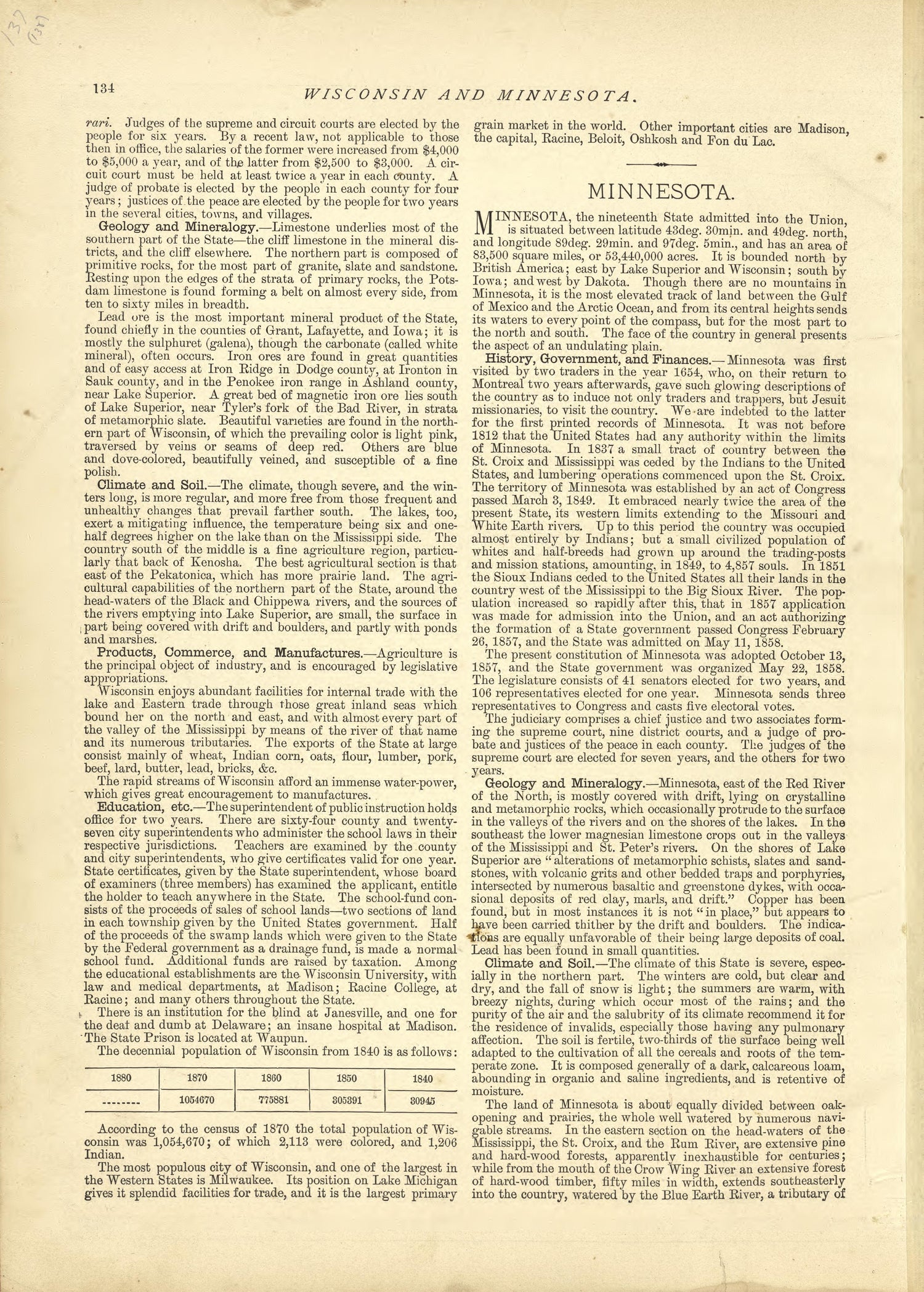 Wisconsin - Continued, Minnesota from Historical Hand-atlas, Illustrated, Containing Large Scale Copper Plate Maps of Each State and Territory of the United States, and the Provinces of Canada, Together With a Complete Reference Map of the World, … 1881 by Relic Map Company