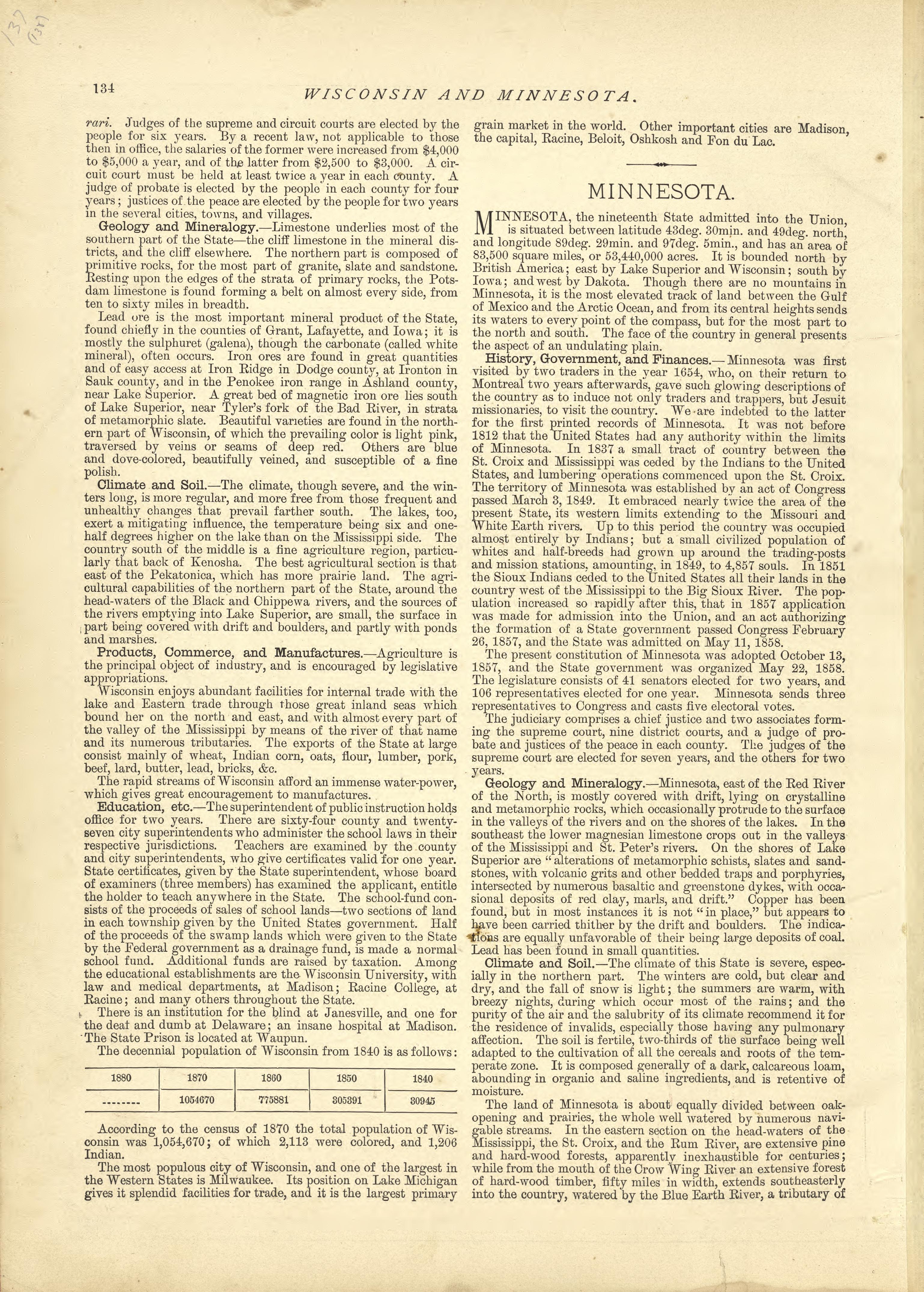 Wisconsin - Continued, Minnesota from Historical Hand-atlas, Illustrated, Containing Large Scale Copper Plate Maps of Each State and Territory of the United States, and the Provinces of Canada, Together With a Complete Reference Map of the World, … 1881 by Relic Map Company