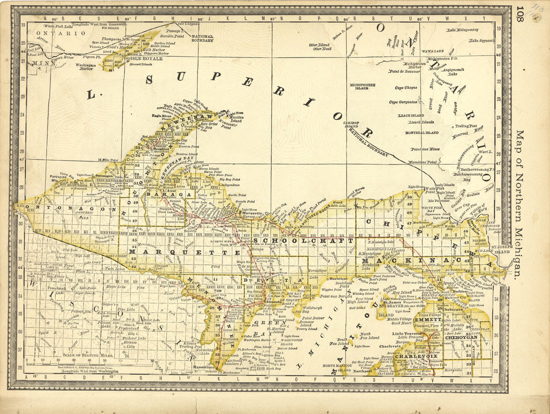 Map of Northern Michigan from Historical Hand-atlas, Illustrated, Containing Large Scale Copper Plate Maps of Each State and Territory of the United States, and the Provinces of Canada, Together With a Complete Reference Map of the World, … 1881 by Relic Map Company