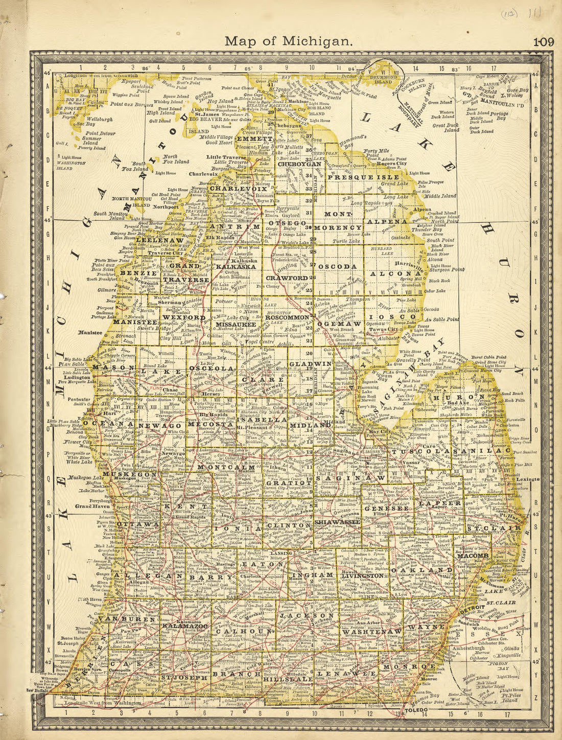 Map of Michigan from Historical Hand-atlas, Illustrated, Containing Large Scale Copper Plate Maps of Each State and Territory of the United States, and the Provinces of Canada, Together With a Complete Reference Map of the World, … 1881 by Relic Map Company