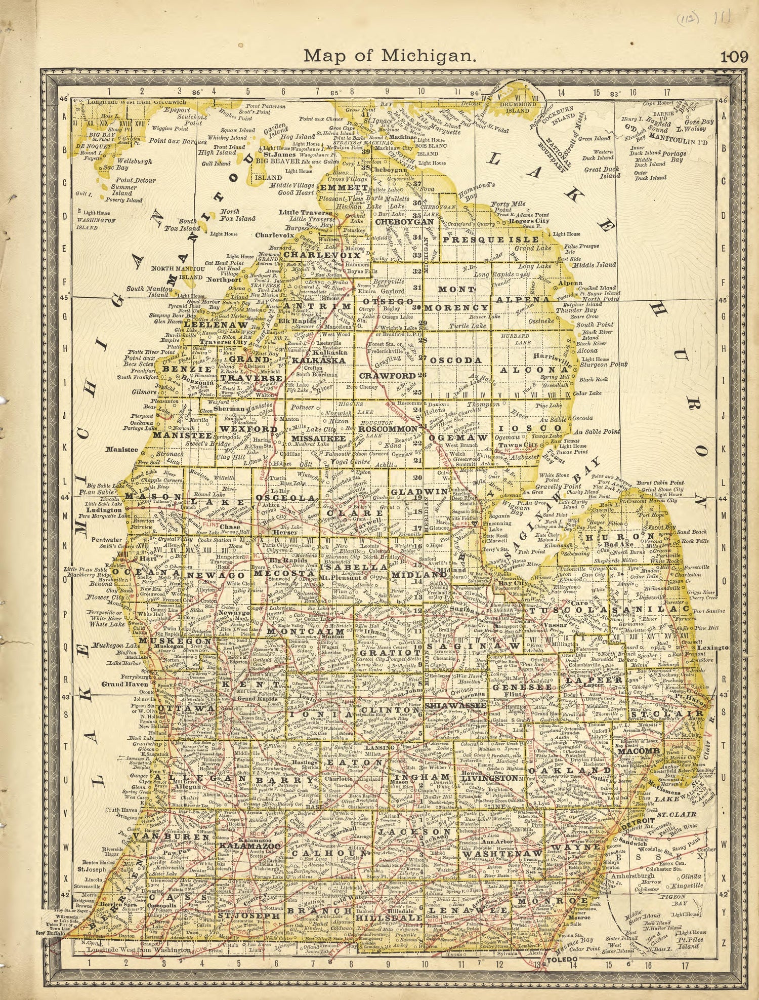 Map of Michigan from Historical Hand-atlas, Illustrated, Containing Large Scale Copper Plate Maps of Each State and Territory of the United States, and the Provinces of Canada, Together With a Complete Reference Map of the World, … 1881 by Relic Map Company