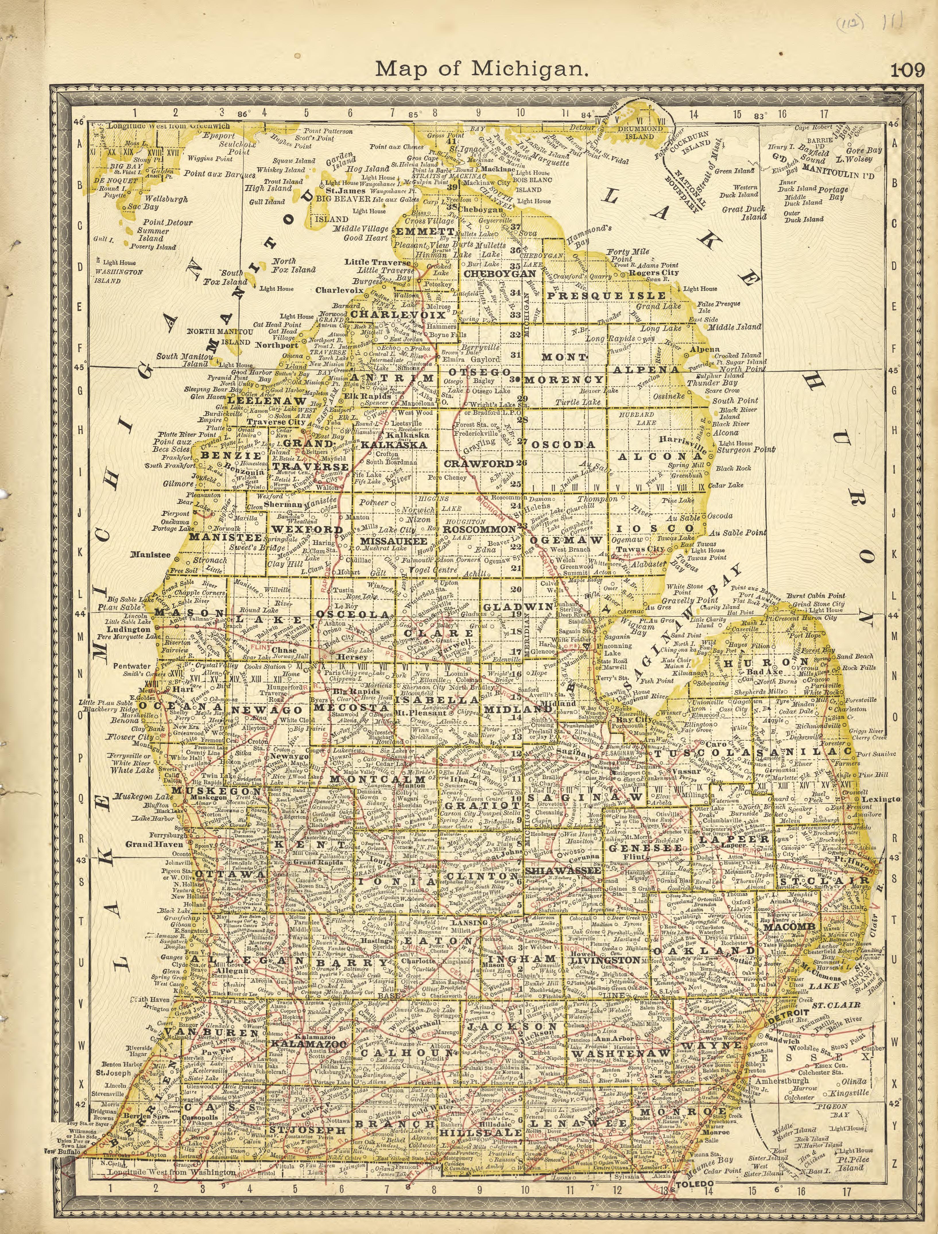 Map of Michigan from Historical Hand-atlas, Illustrated, Containing Large Scale Copper Plate Maps of Each State and Territory of the United States, and the Provinces of Canada, Together With a Complete Reference Map of the World, … 1881 by Relic Map Company
