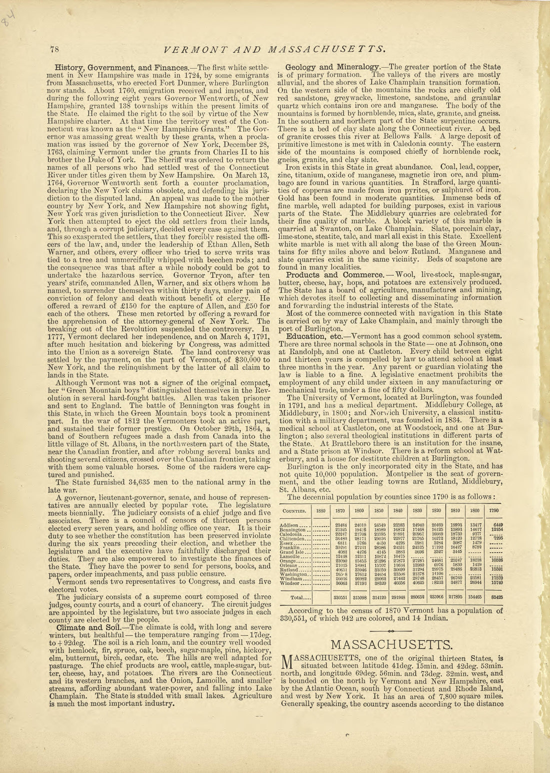 Vermont - Continued, Massachusetts from Historical Hand-atlas, Illustrated, Containing Large Scale Copper Plate Maps of Each State and Territory of the United States, and the Provinces of Canada, Together With a Complete Reference Map of the World, �... by Relic Map Company