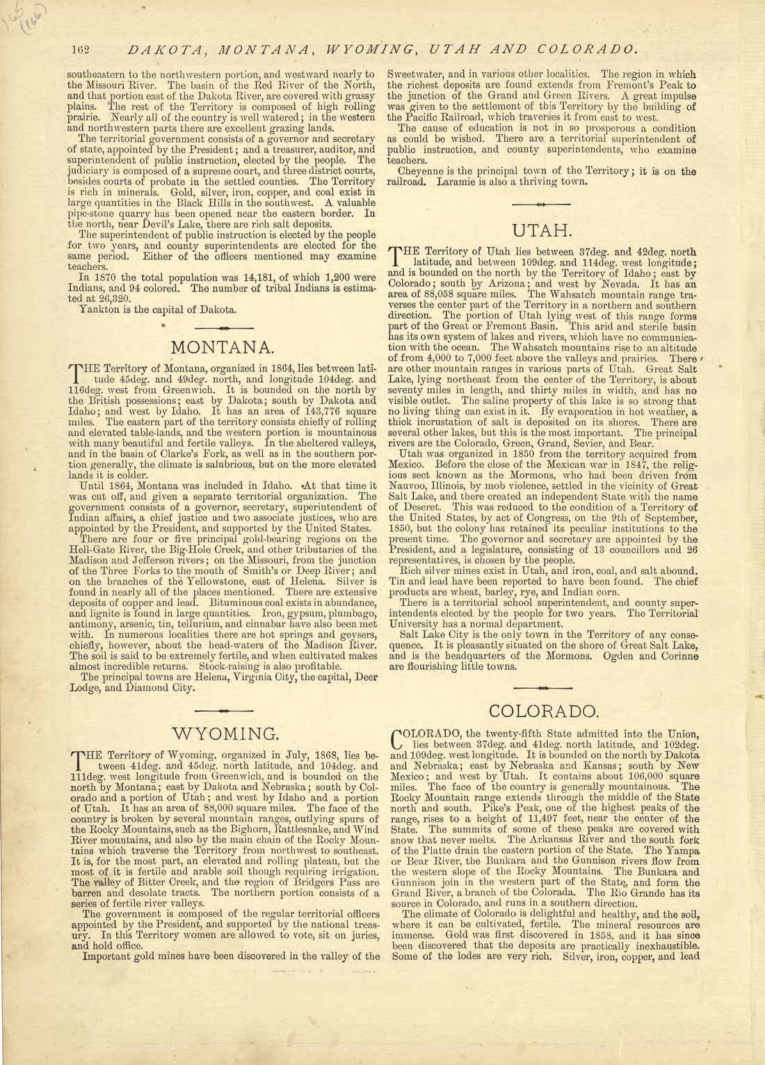 Dakota - Continued, Montana, Wyoming, Utah and Colorado from Historical Hand-atlas, Illustrated, Containing Large Scale Copper Plate Maps of Each State and Territory of the United States, and the Provinces of Canada, Together With a Complete Reference... by Relic Map Company