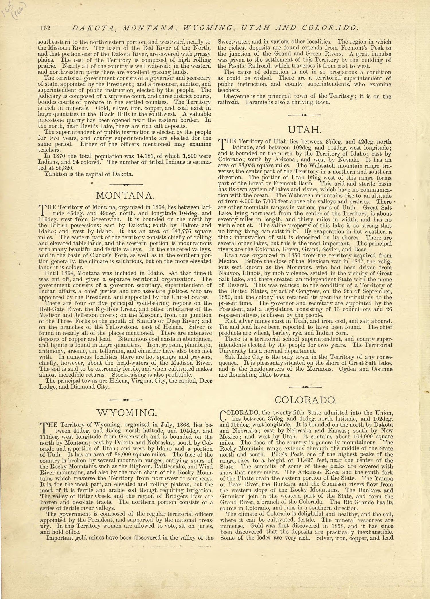 Dakota - Continued, Montana, Wyoming, Utah and Colorado from Historical Hand-atlas, Illustrated, Containing Large Scale Copper Plate Maps of Each State and Territory of the United States, and the Provinces of Canada, Together With a Complete Reference... by Relic Map Company