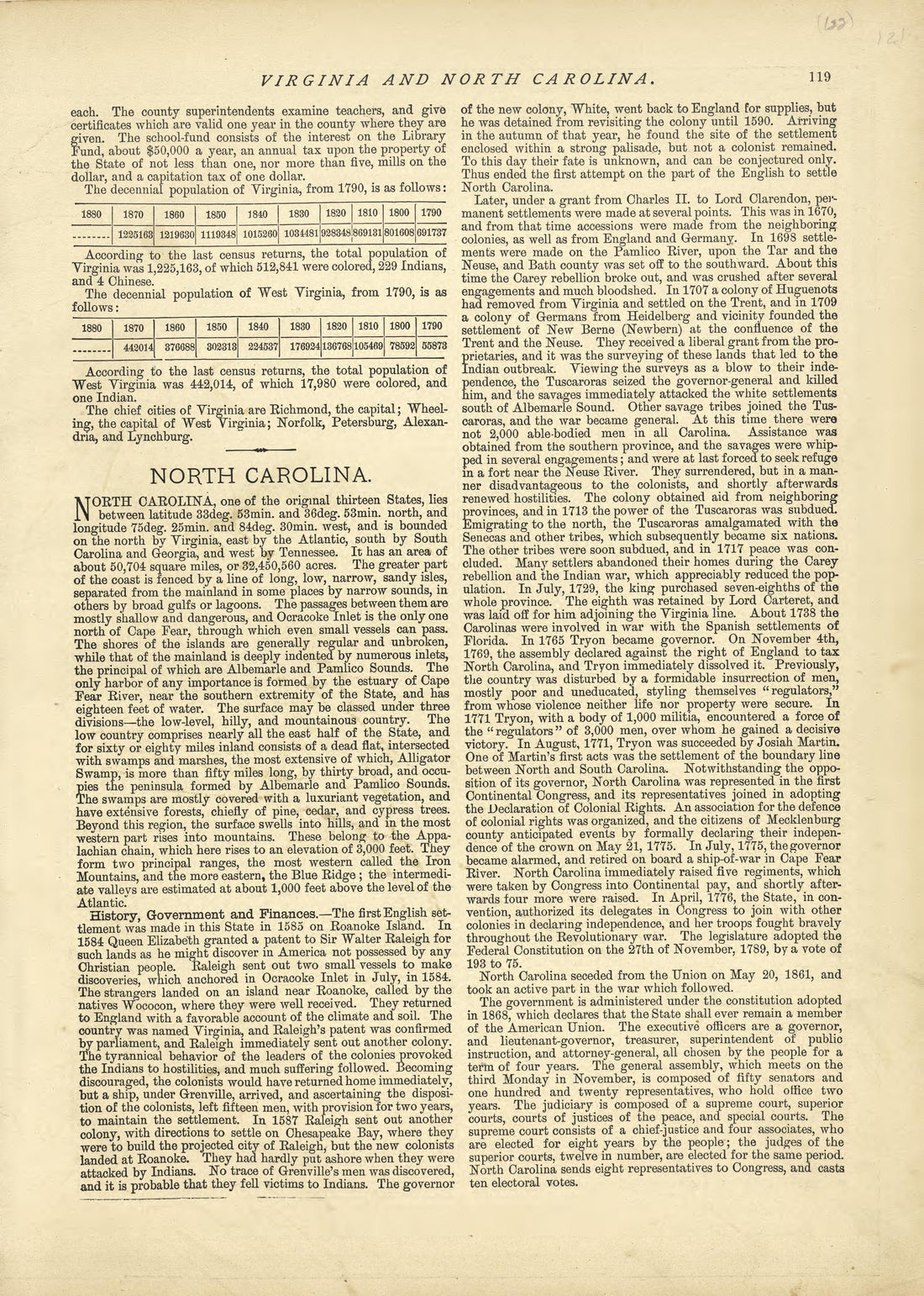 Virginia - Continued, North Carolina from Historical Hand-atlas, Illustrated, Containing Large Scale Copper Plate Maps of Each State and Territory of the United States, and the Provinces of Canada, Together With a Complete Reference Map of the World, ... by Relic Map Company
