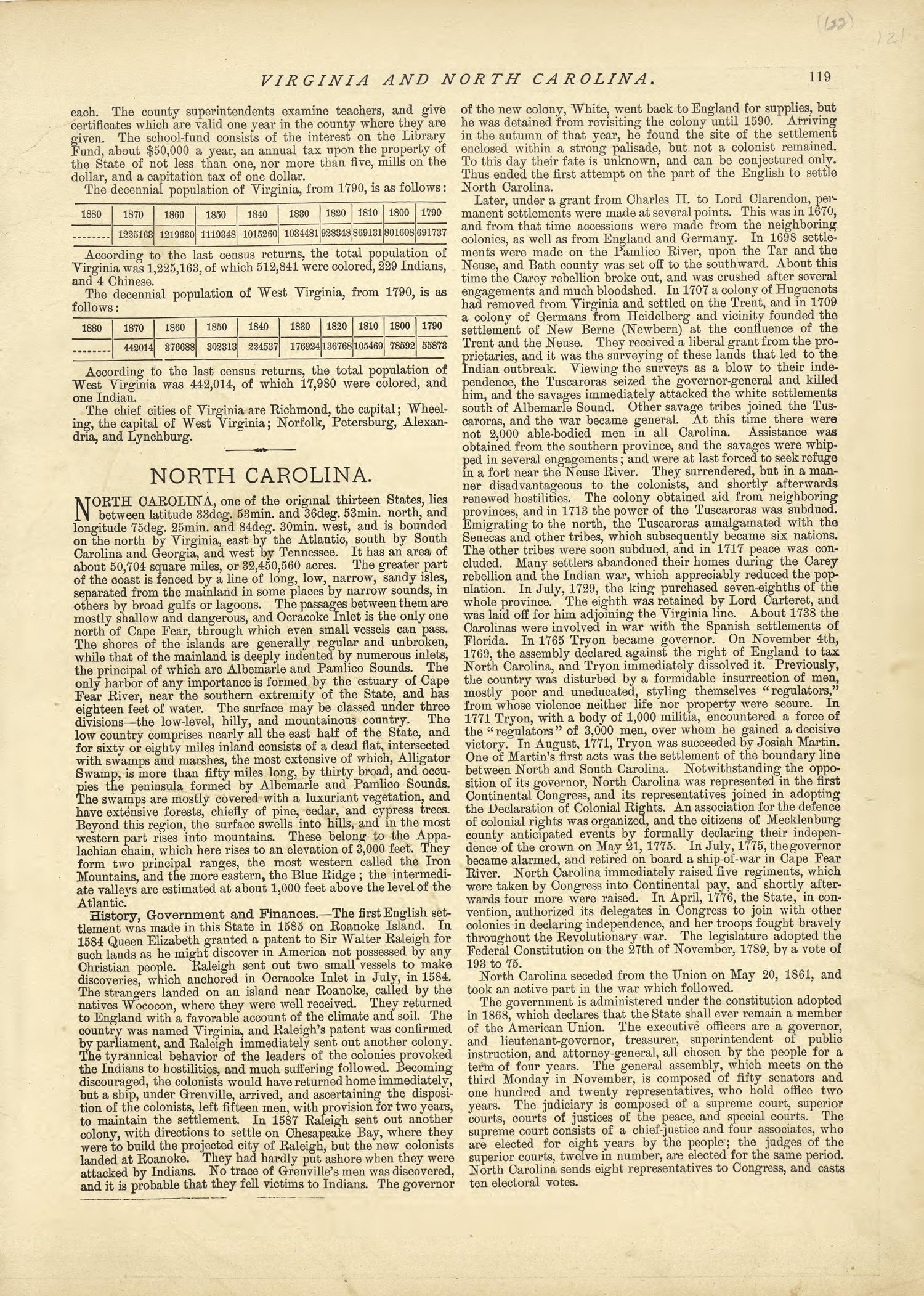 Virginia - Continued, North Carolina from Historical Hand-atlas, Illustrated, Containing Large Scale Copper Plate Maps of Each State and Territory of the United States, and the Provinces of Canada, Together With a Complete Reference Map of the World, ... by Relic Map Company