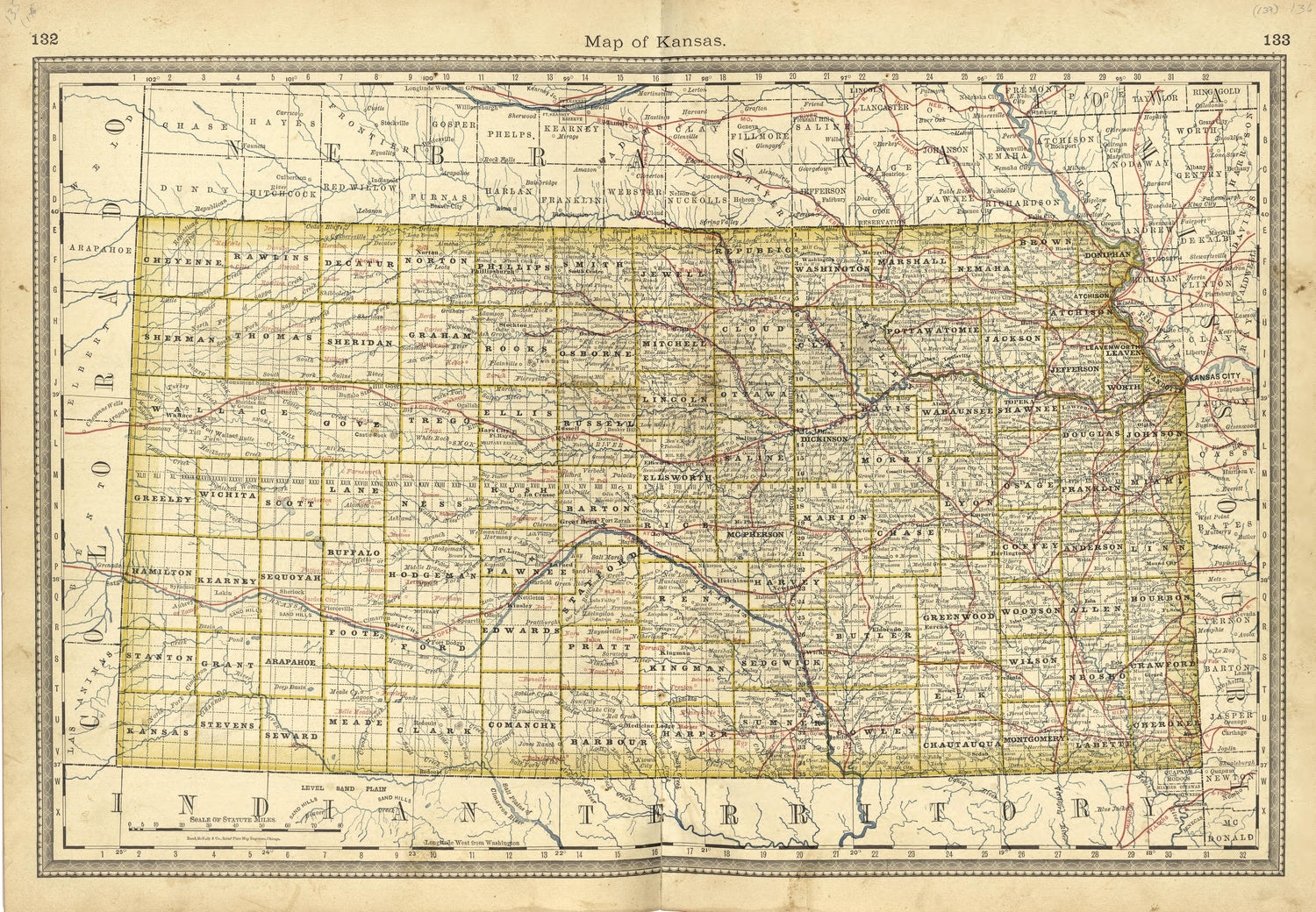 Map of Kansas from Historical Hand-atlas, Illustrated, Containing Large Scale Copper Plate Maps of Each State and Territory of the United States, and the Provinces of Canada, Together With a Complete Reference Map of the World, … 1881 by Relic Map Company