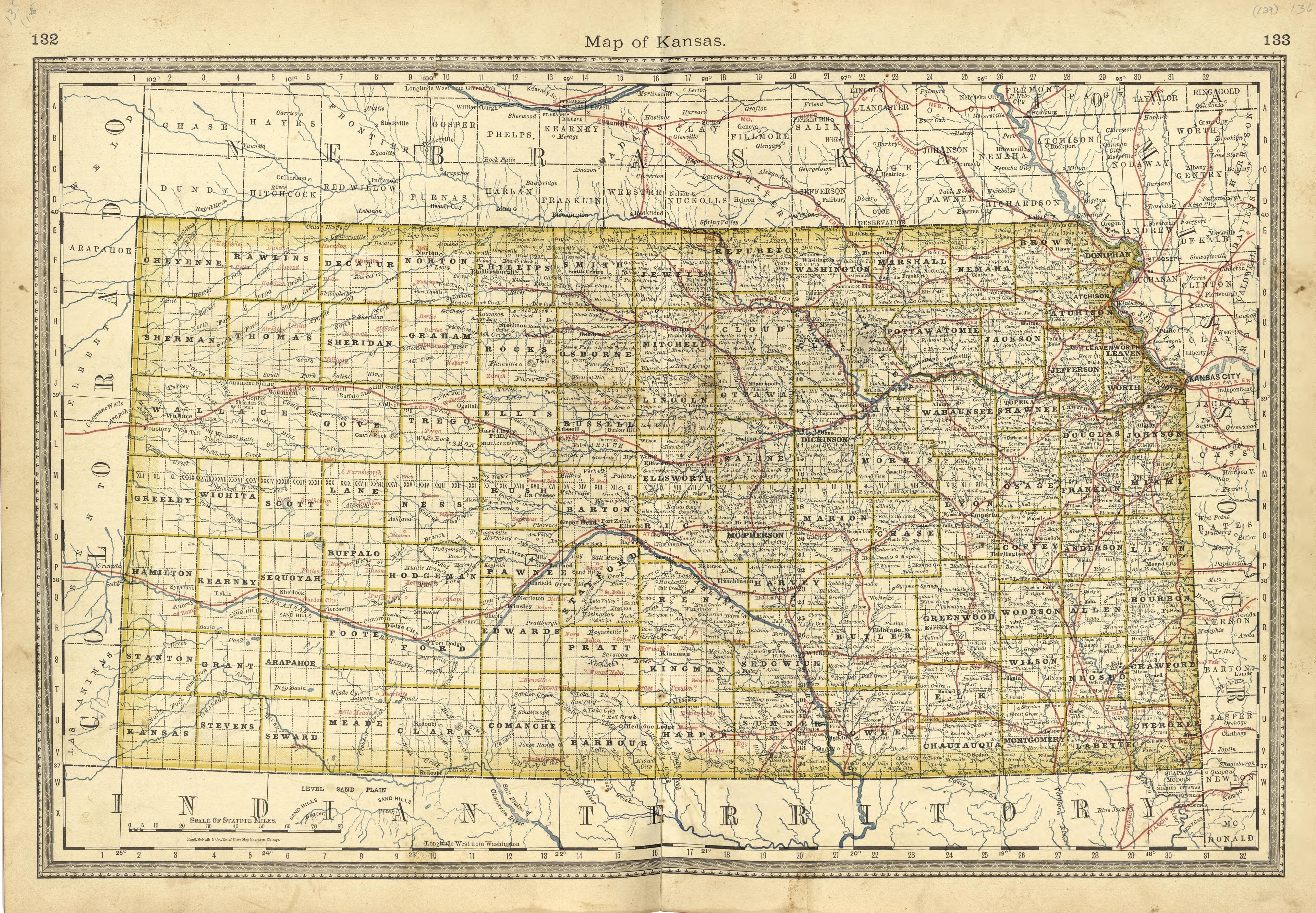 Map of Kansas from Historical Hand-atlas, Illustrated, Containing Large Scale Copper Plate Maps of Each State and Territory of the United States, and the Provinces of Canada, Together With a Complete Reference Map of the World, … 1881 by Relic Map Company