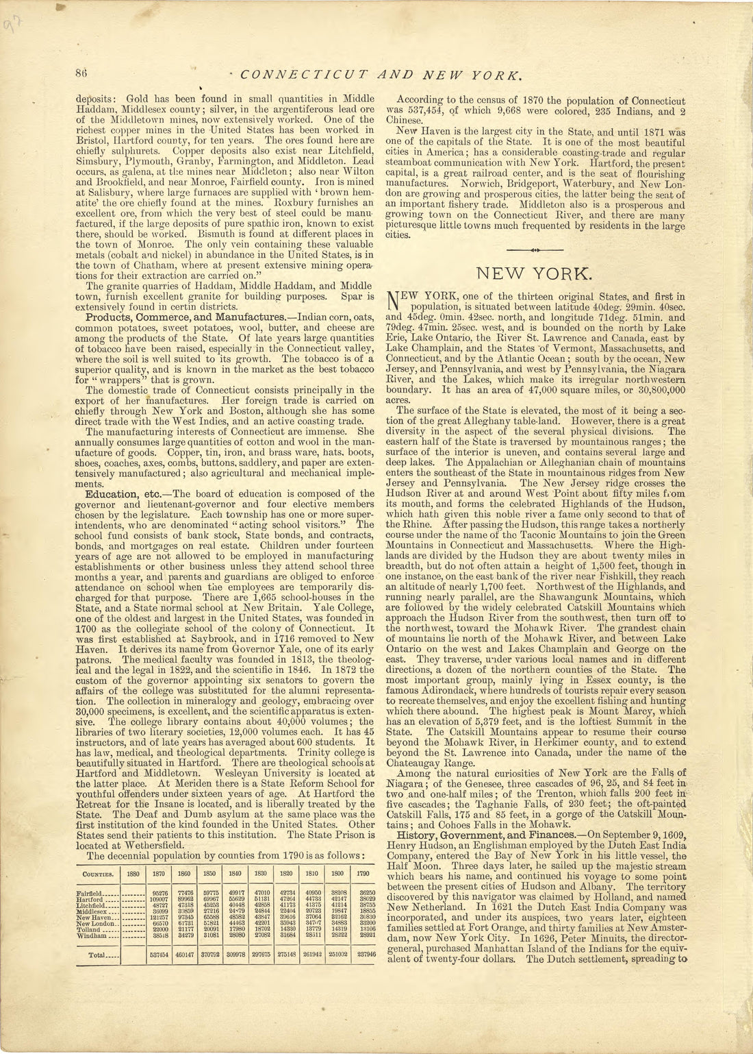 Connecticut - Continued, New York from Historical Hand-atlas, Illustrated, Containing Large Scale Copper Plate Maps of Each State and Territory of the United States, and the Provinces of Canada, Together With a Complete Reference Map of the World, …... by Relic Map Company