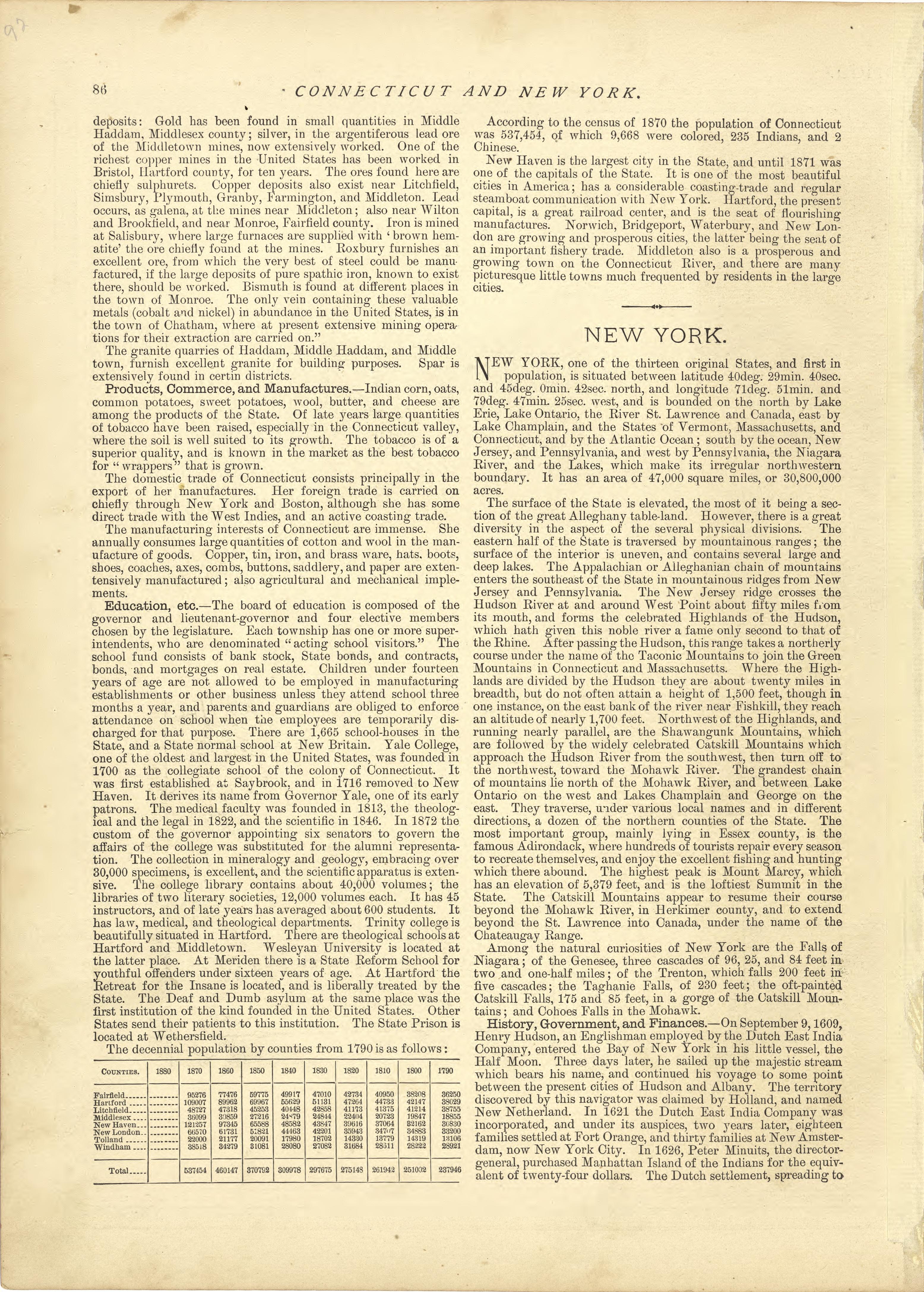 Connecticut - Continued, New York from Historical Hand-atlas, Illustrated, Containing Large Scale Copper Plate Maps of Each State and Territory of the United States, and the Provinces of Canada, Together With a Complete Reference Map of the World, …... by Relic Map Company