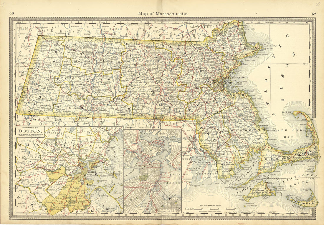 Map of Massachusetts from Historical Hand-atlas, Illustrated, Containing Large Scale Copper Plate Maps of Each State and Territory of the United States, and the Provinces of Canada, Together With a Complete Reference Map of the World, … 1881 by Relic Map Company